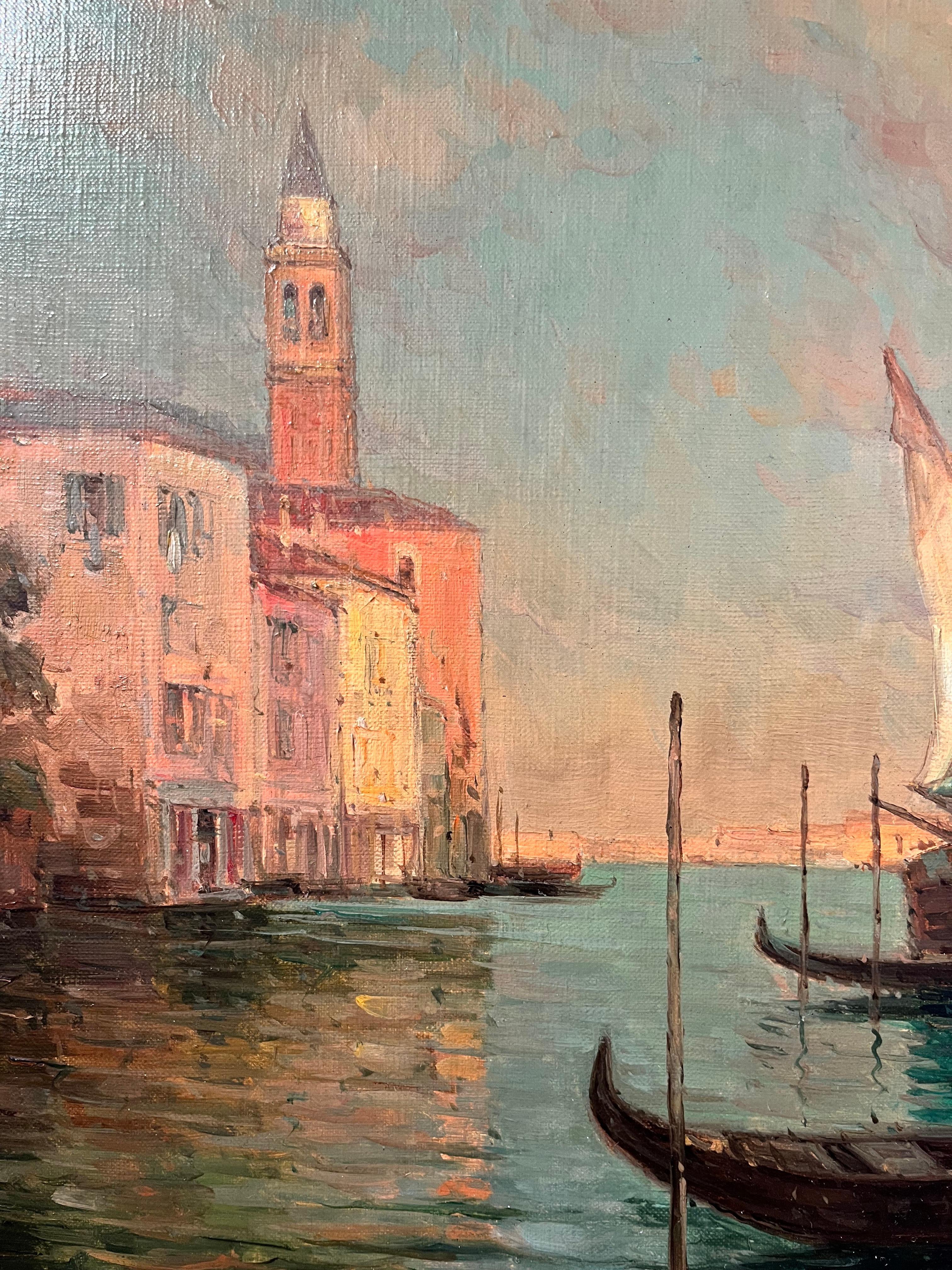 'Sunrise in Venice' 20th Century Venetian Landscape painting of buildings, figures with boats. The warm sun rising creates a beautiful atmospheric work. Noel Bouvard had a brilliant eye for detail, much like his father Antoine Bouvard Snr.