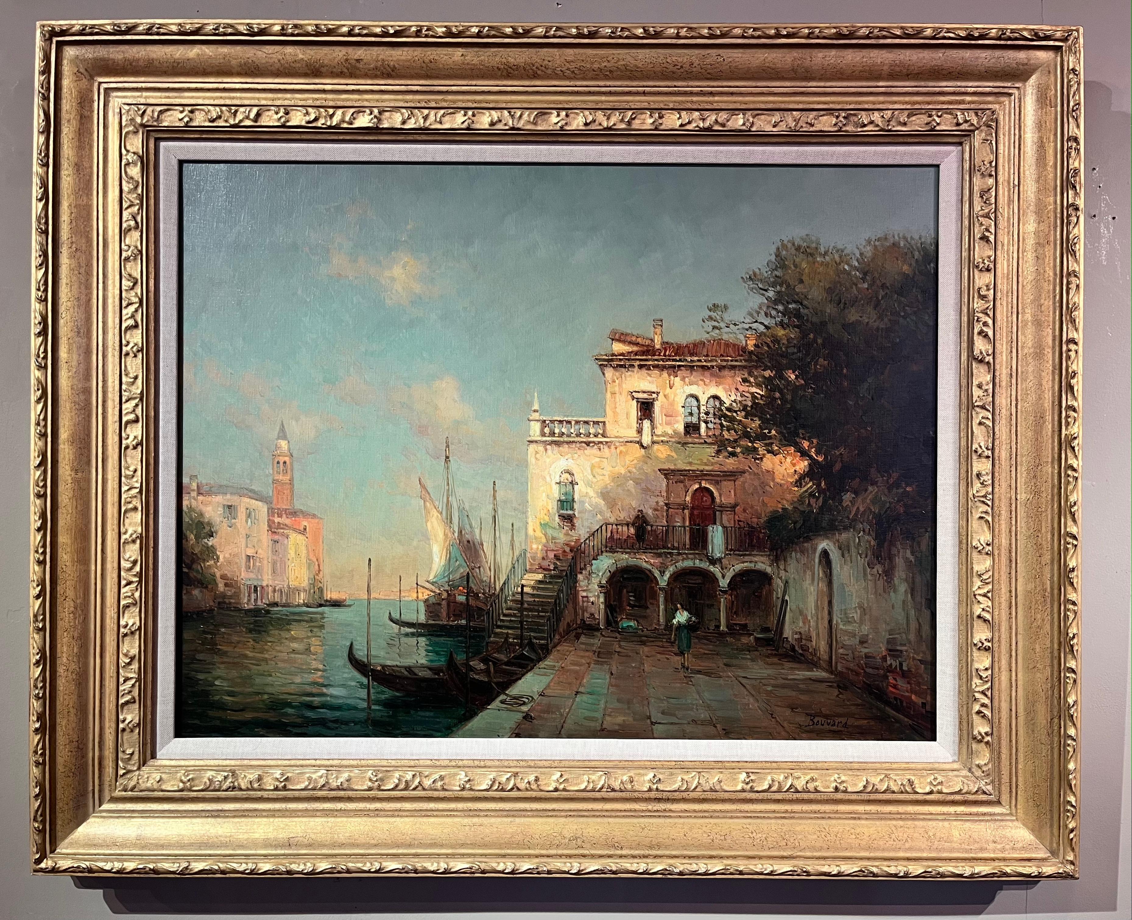 Figurative Painting Georges Noel Bouvard - Lever de soleil à Venise" Peinture de paysage vénitien avec des bâtiments, des personnages et des bateaux