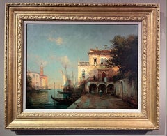 Vintage 'Sunrise in Venice' Venetian Landscape painting of buildings, figures with boats