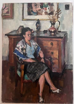 Fine huile française du milieu du 20e siècle, signée, assise dans une pièce d'intérieur