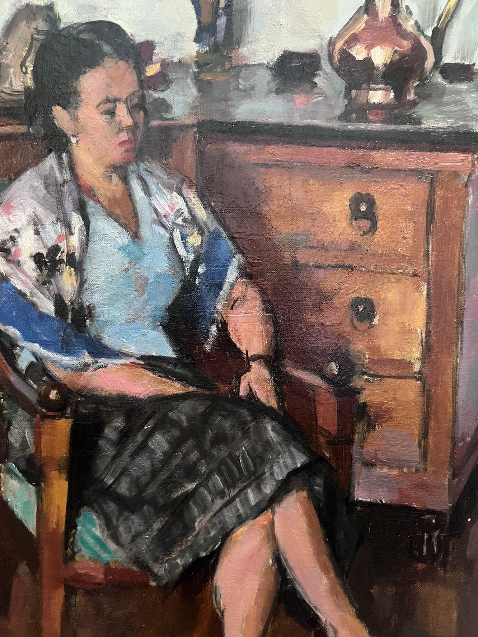 Pregevole olio francese della metà del XX secolo firmato Signora seduta in una stanza interna - Interior Painting Nero di Georges PACOUIL (1903-1996)