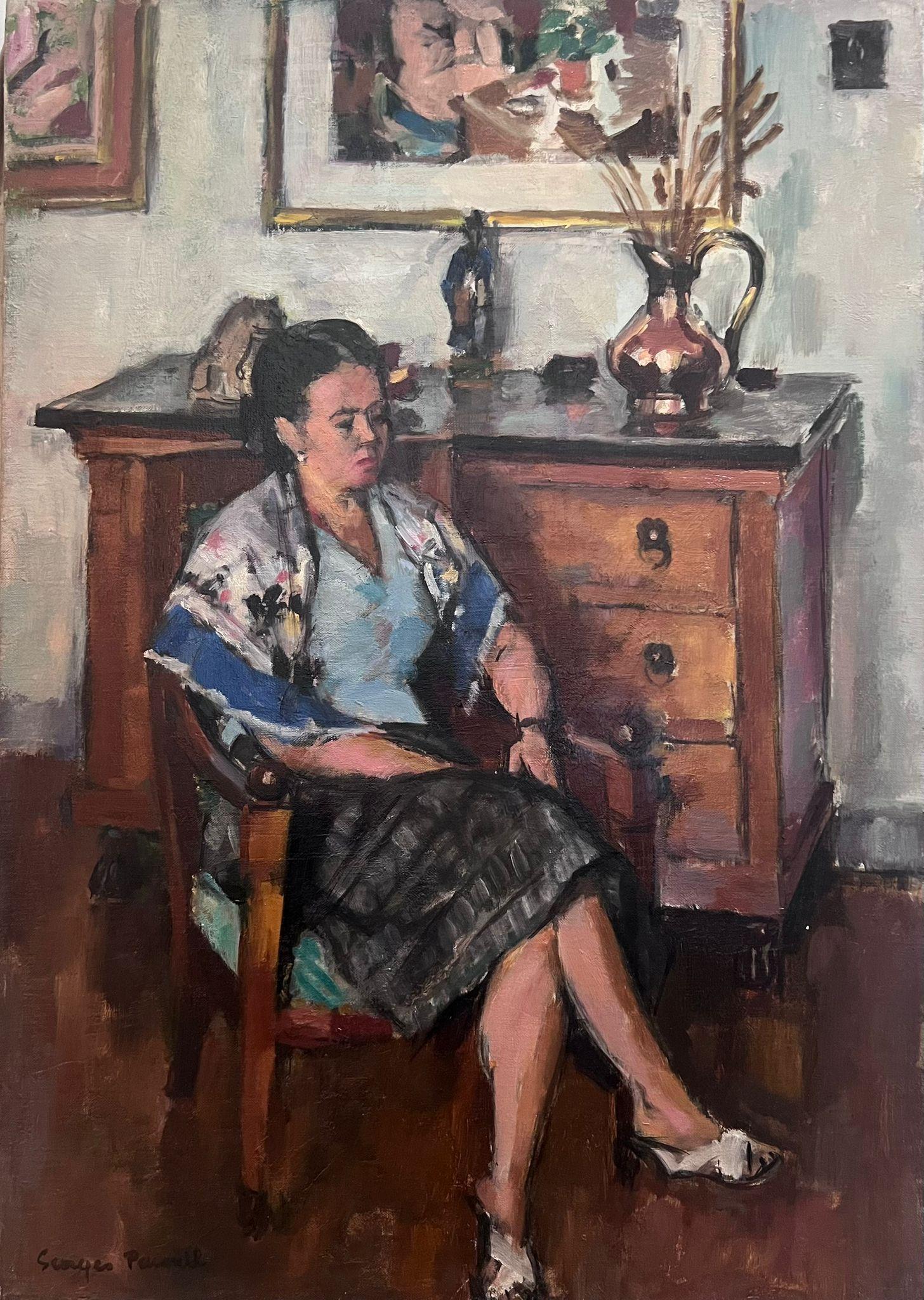 Fino óleo francés de mediados del siglo XX firmado Dama sentada en el interior de una habitación