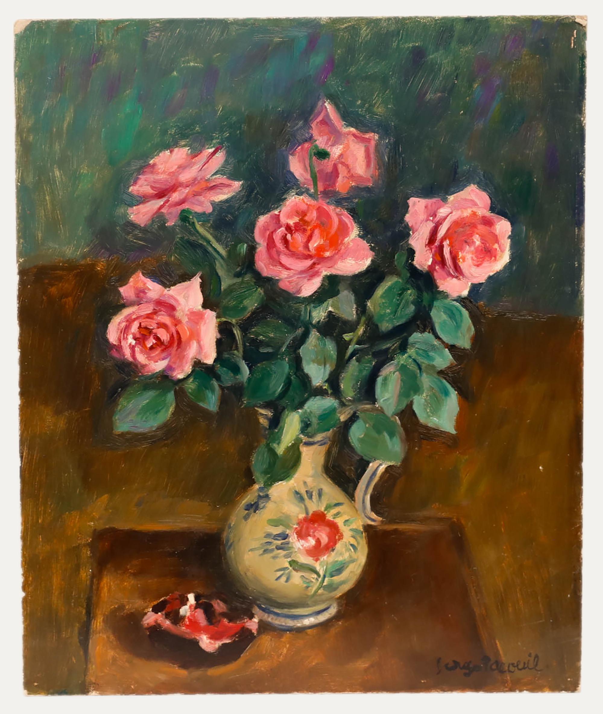 Georges Pacouil (1903-1996) - Olio della metà del XX secolo, Natura morta di rose rosa - Painting di Georges PACOUIL (1903-1996)