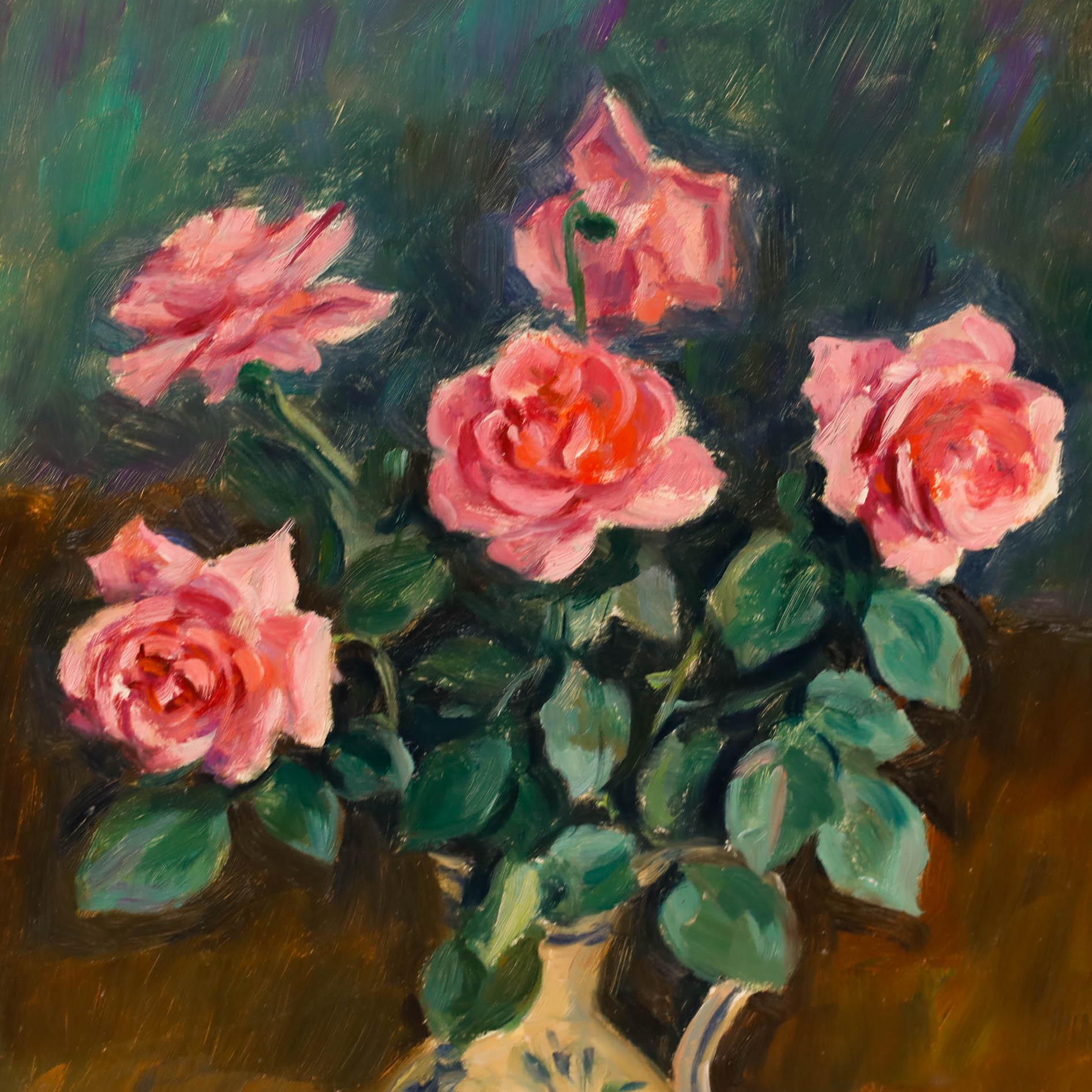 Georges Pacouil (1903-1996) - Olio della metà del XX secolo, Natura morta di rose rosa - Still-Life Painting Nero di Georges PACOUIL (1903-1996)