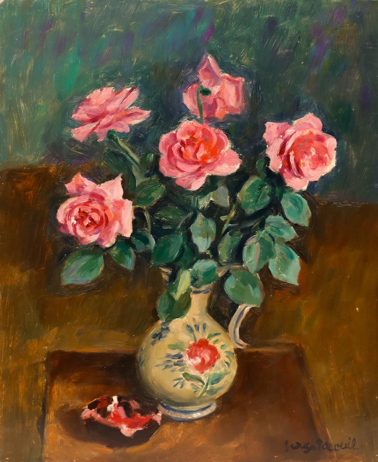 Still-Life Painting di Georges PACOUIL (1903-1996) - Georges Pacouil (1903-1996) - Olio della metà del XX secolo, Natura morta di rose rosa