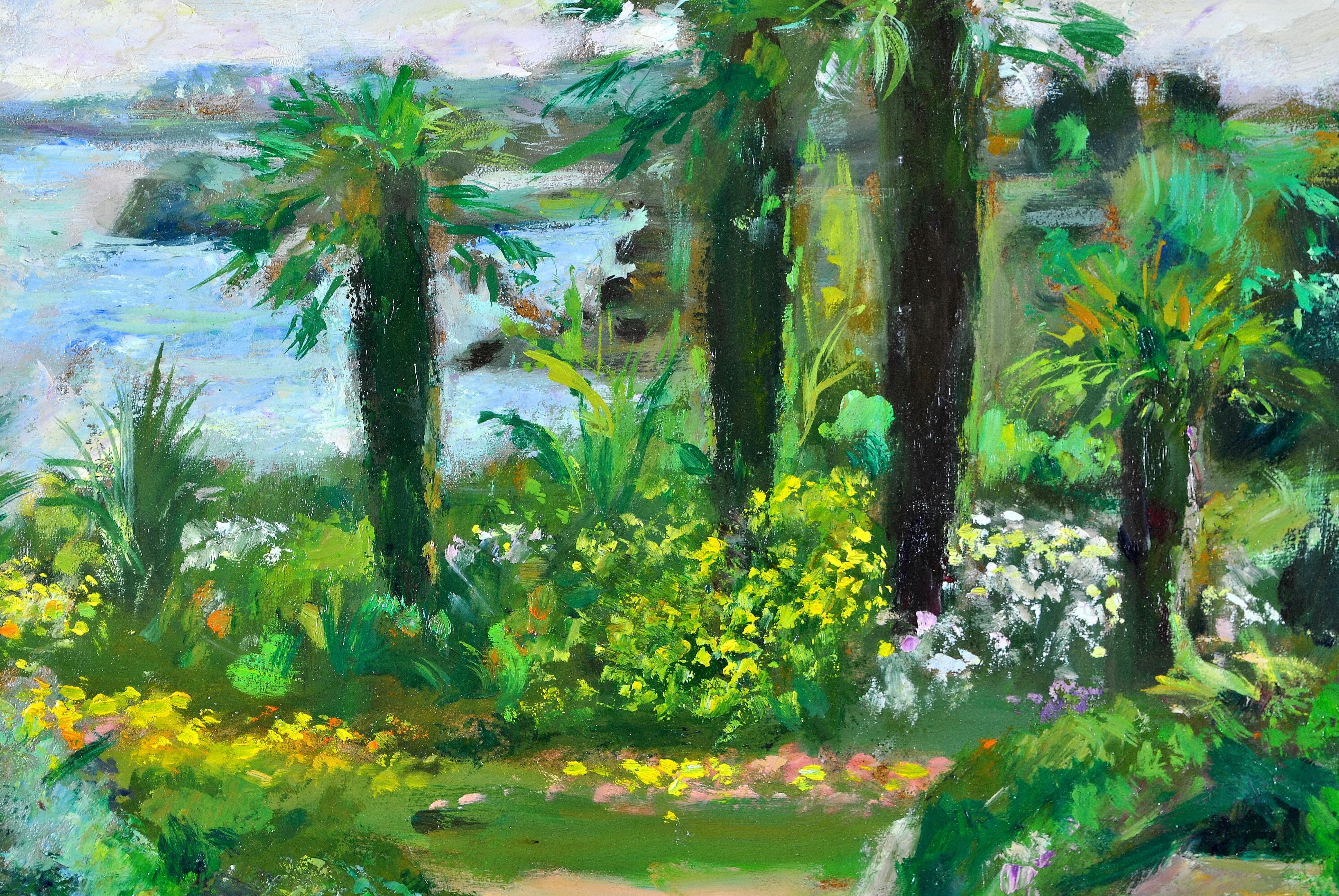 Côte d'Azur Palm Trees - French Riviera South of France Landscape Oil Painting - Gray Landscape Painting by Georges Pacouil