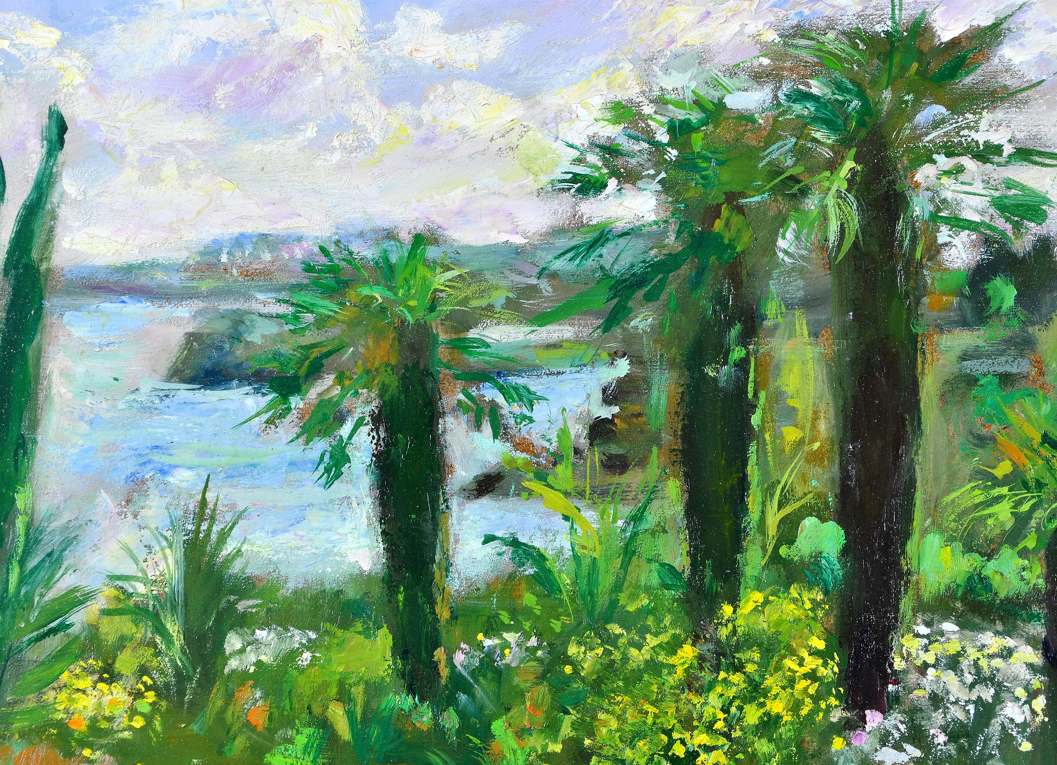 Côte d'Azur Palmiers - French Riviera South of France Paysage Peinture à l'huile en vente 1