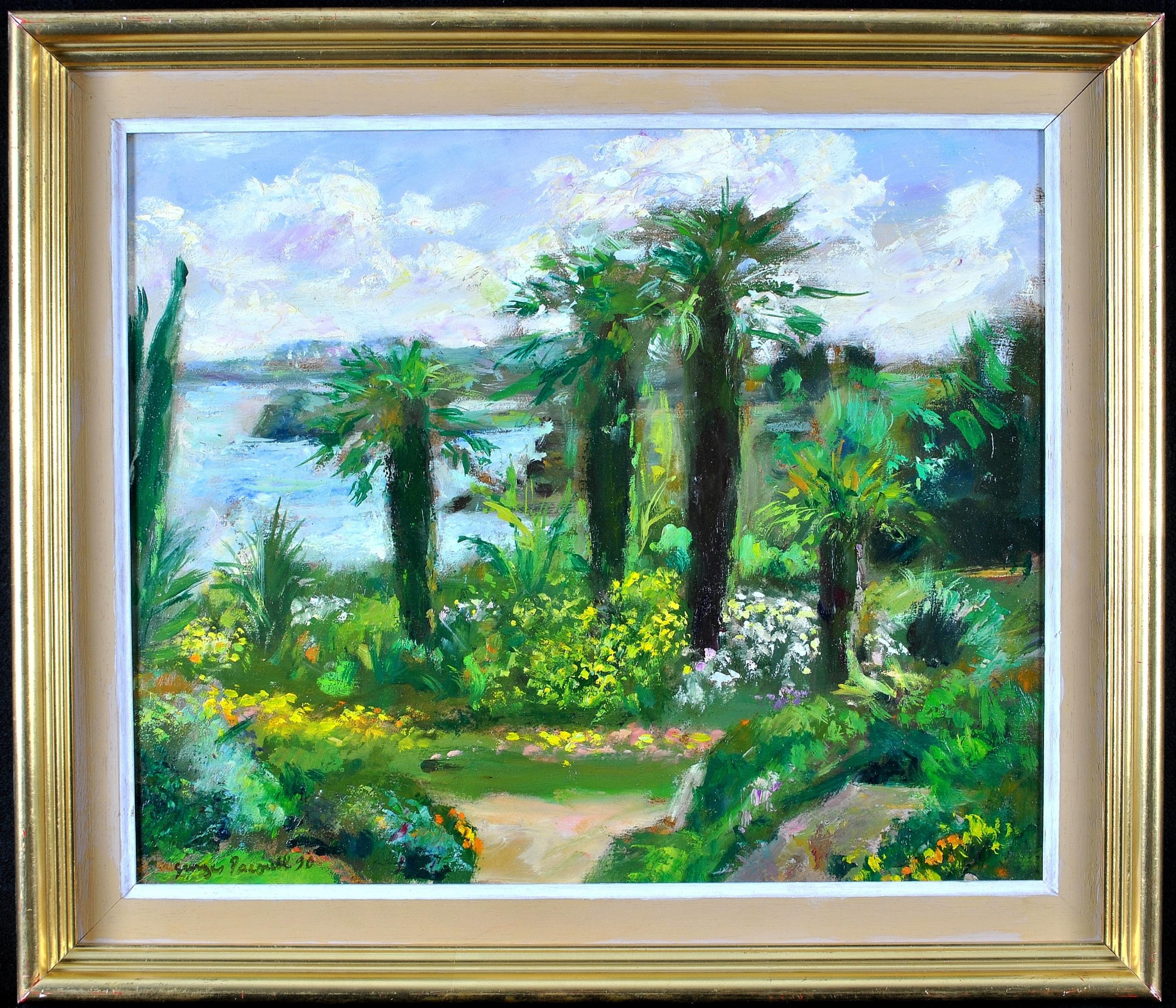 Georges Pacouil Landscape Painting - Côte d'Azur Palm Trees - French Riviera South of France Landscape Oil Painting