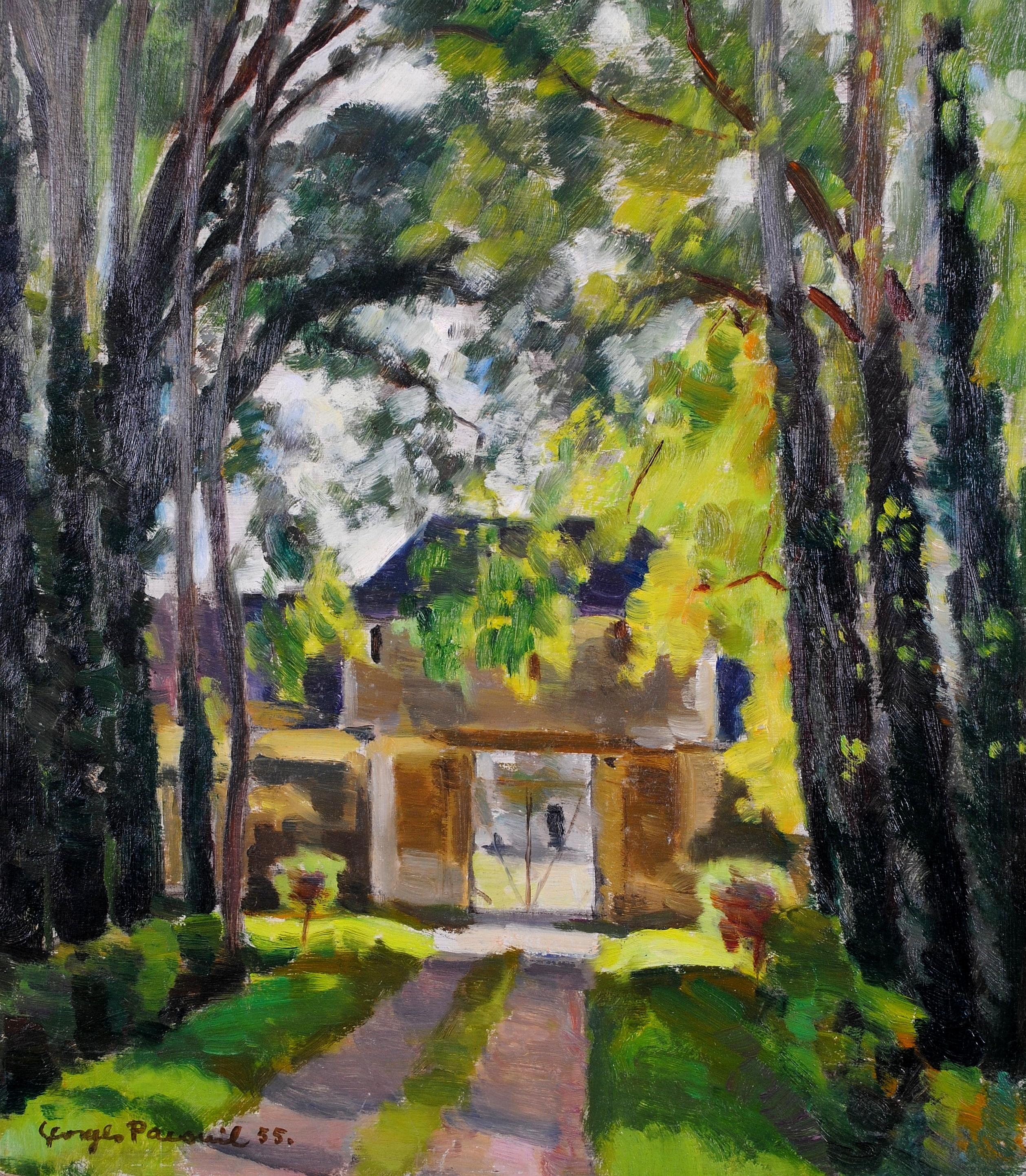 Ingresso allo Chateau Deuil - Paesaggio francese Wood dipinto olio su tavola - Painting di Georges Pacouil