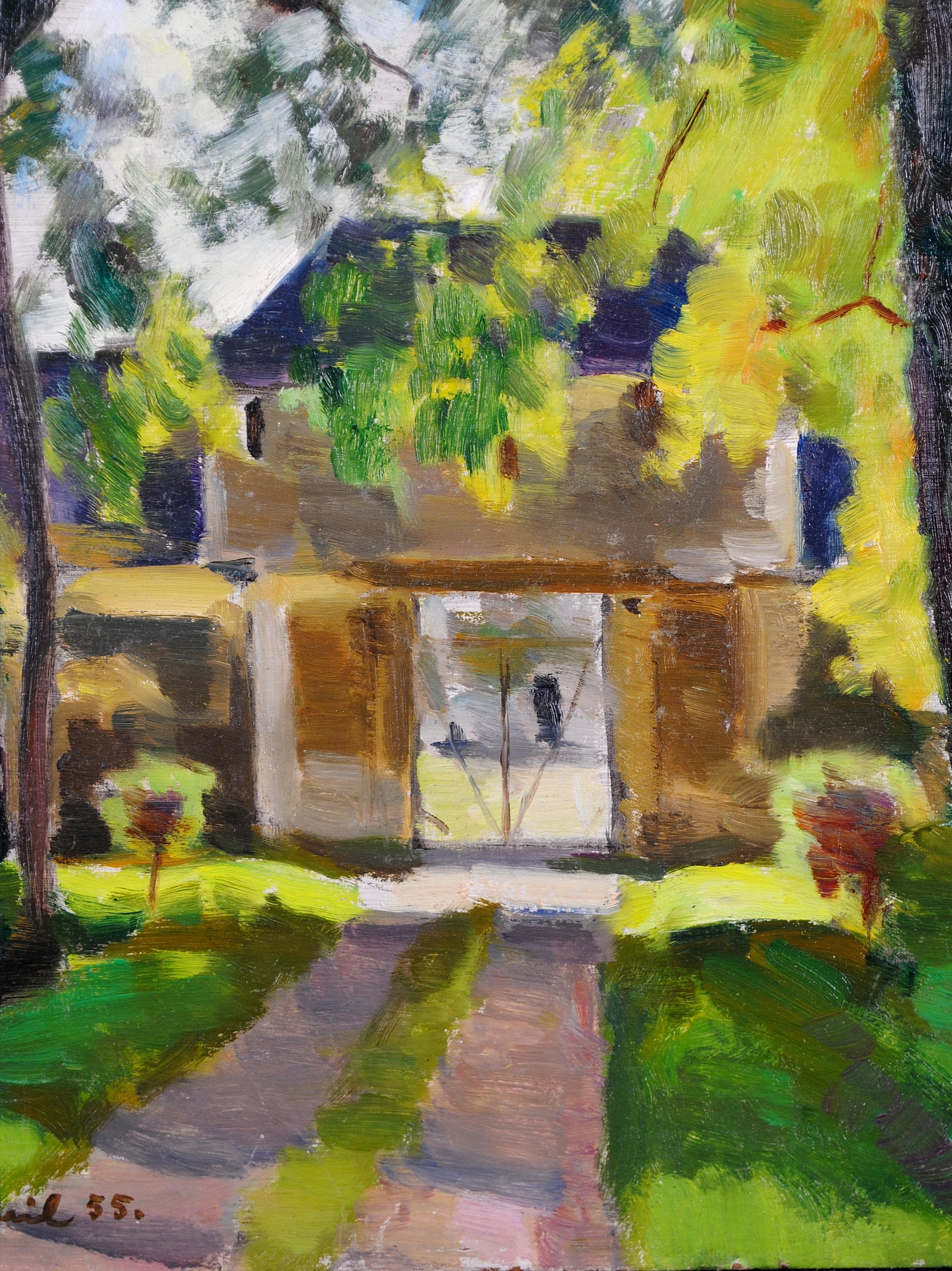 Ingresso allo Chateau Deuil - Paesaggio francese Wood dipinto olio su tavola - Landscape Painting Nero di Georges Pacouil