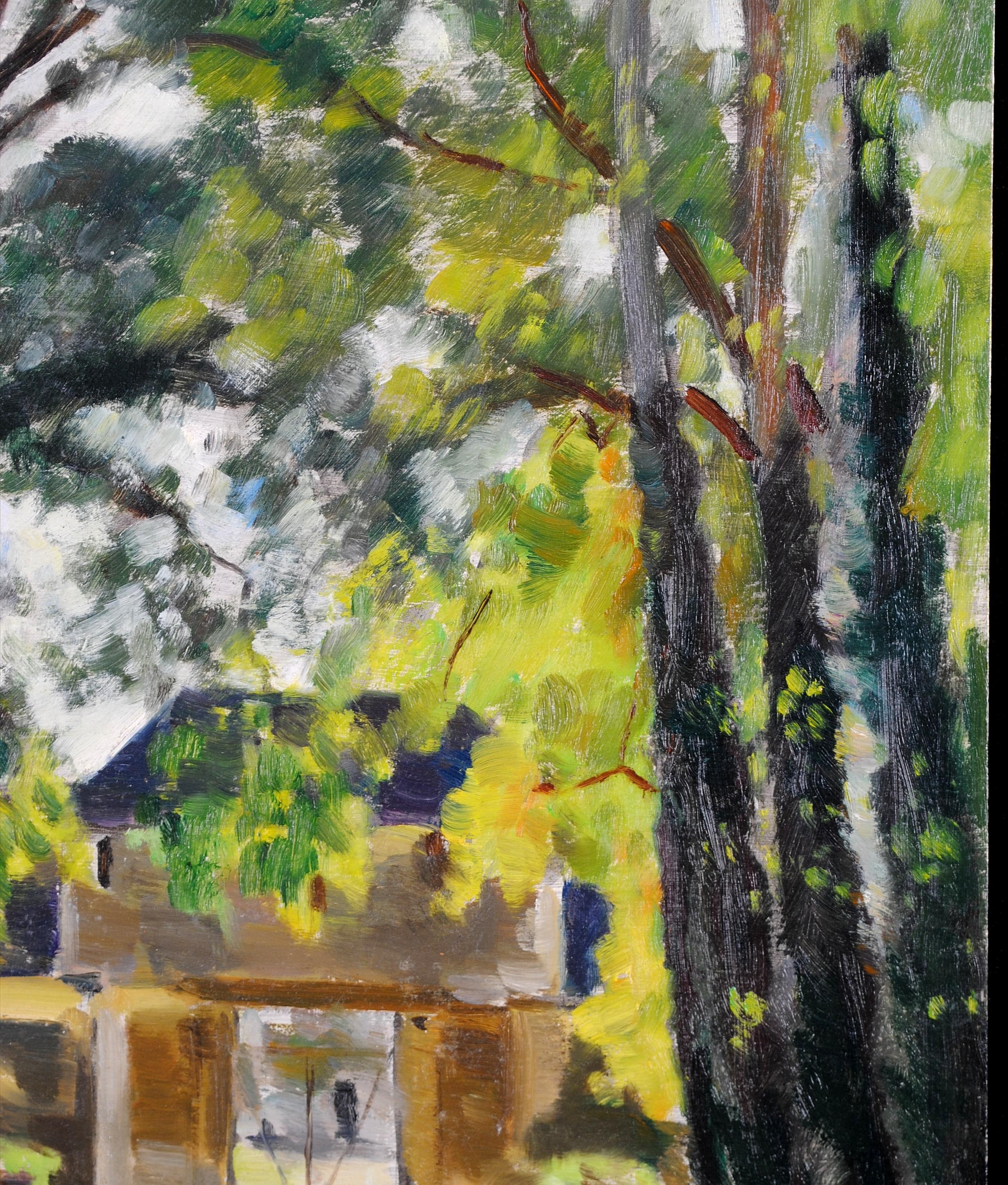 Ingresso allo Chateau Deuil - Paesaggio francese Wood dipinto olio su tavola in vendita 1