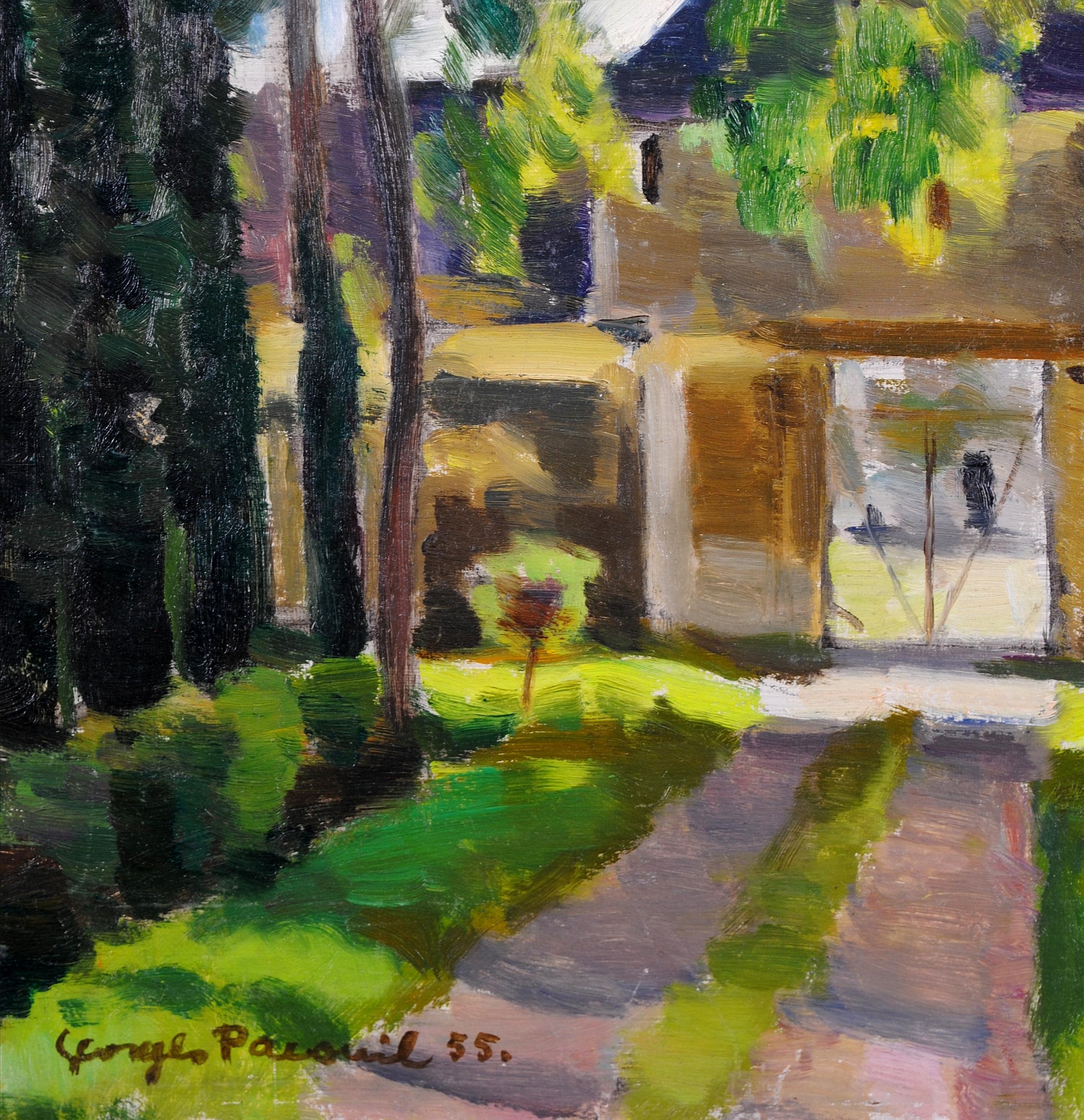 Ingresso allo Chateau Deuil - Paesaggio francese Wood dipinto olio su tavola in vendita 2