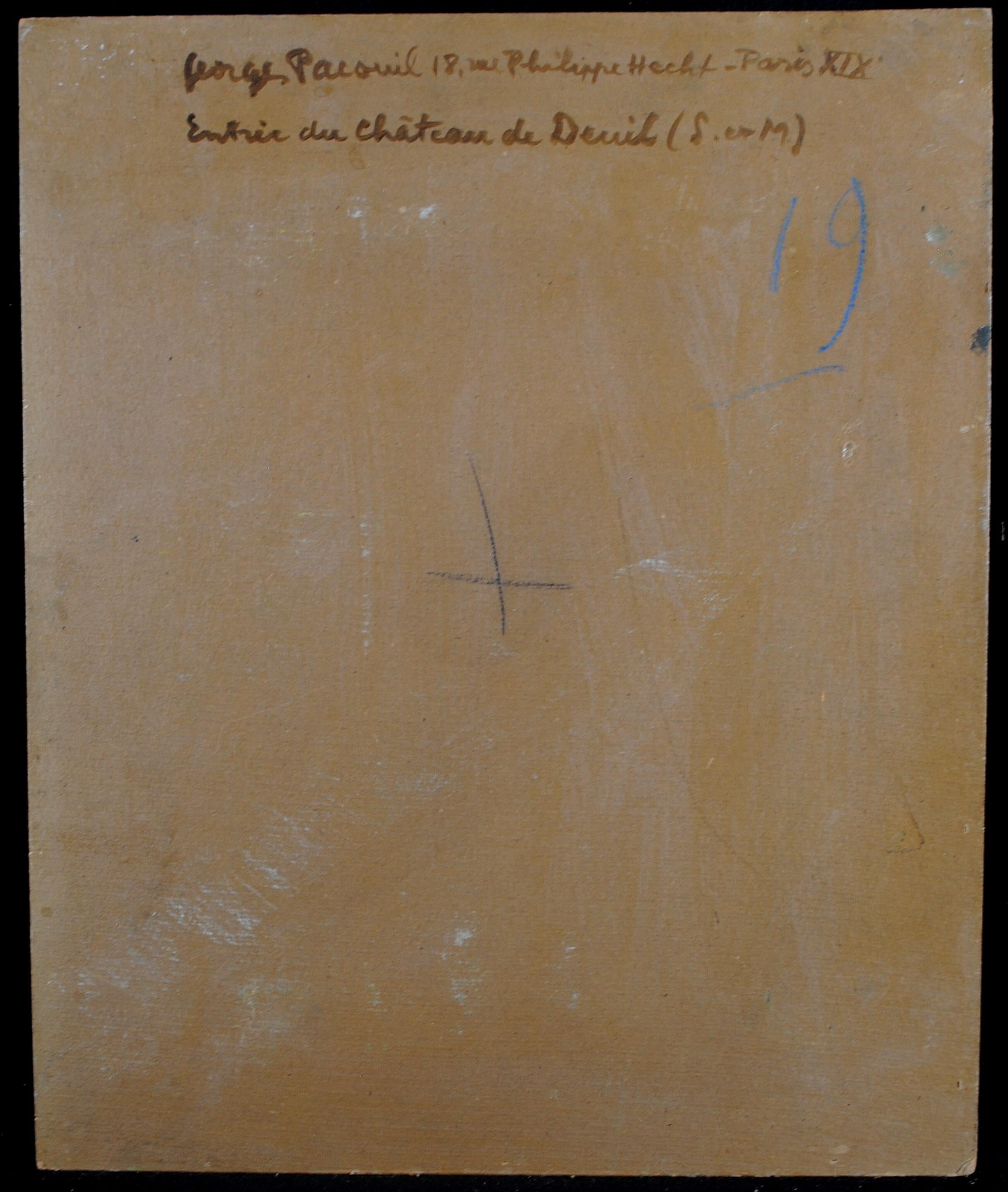 Ingresso allo Chateau Deuil - Paesaggio francese Wood dipinto olio su tavola in vendita 4