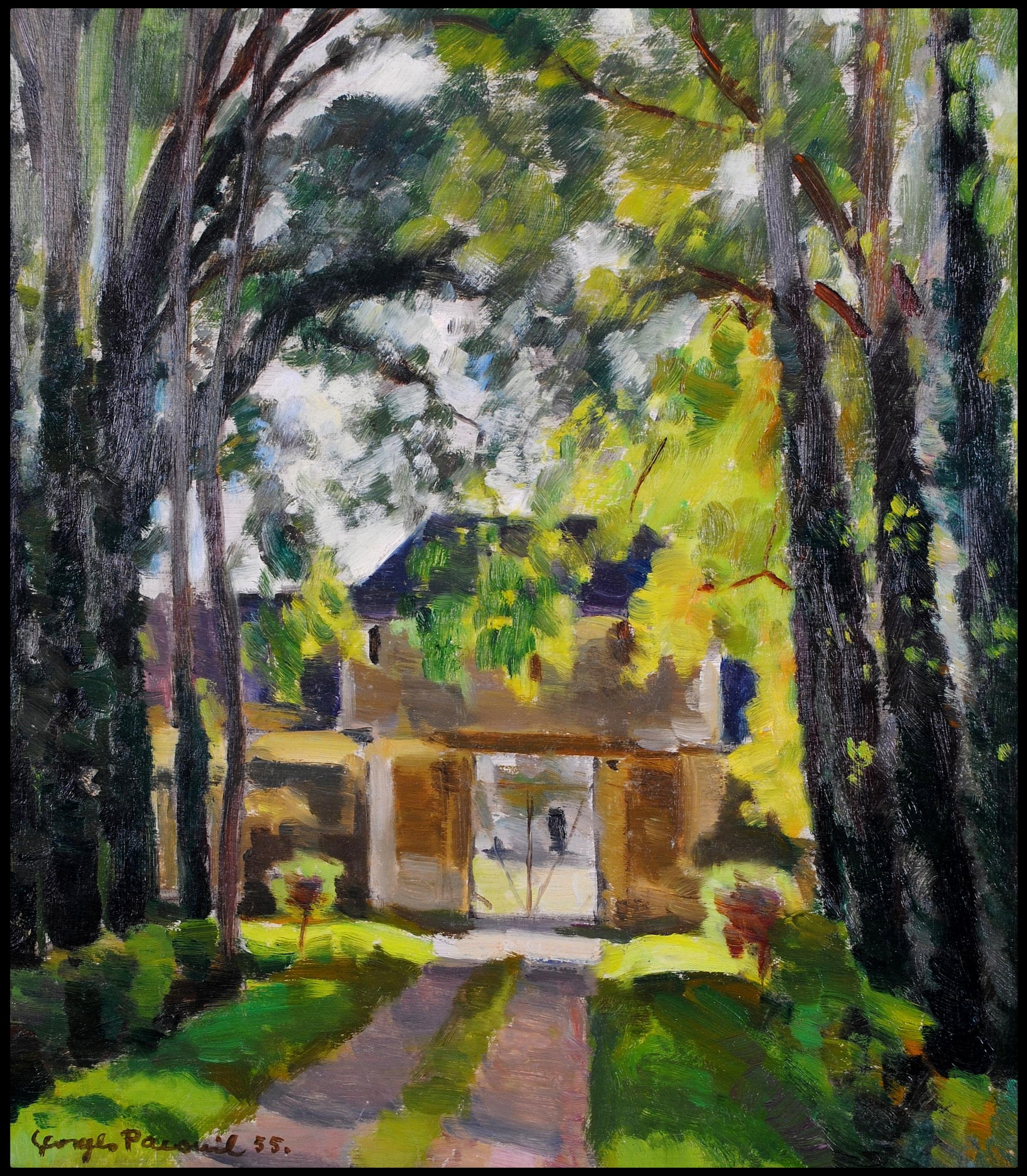 Landscape Painting di Georges Pacouil - Ingresso allo Chateau Deuil - Paesaggio francese Wood dipinto olio su tavola