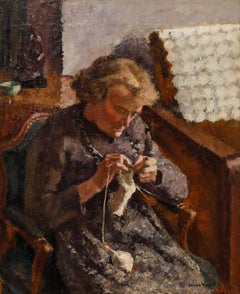 Georges Pacouil (1903-1996) - Olio della metà del XX secolo con cornice, Le Tricot