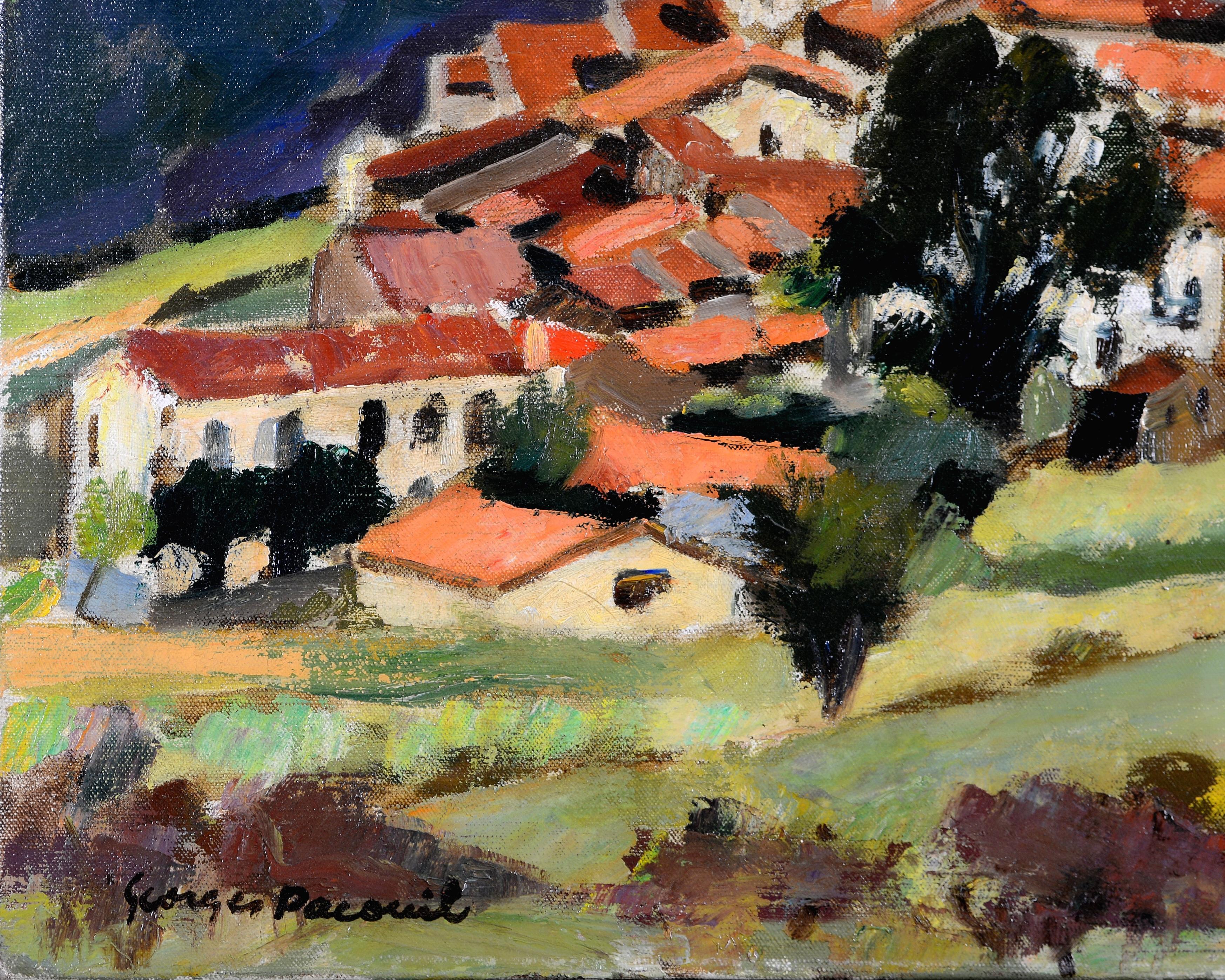 Ein schönes französisches impressionistisches Öl auf Leinwand aus dem frühen 20. Jahrhundert, das eine Landschaft in den Pyrenäen darstellt, von Georges Pacouil. 

Das Werk ist links unten signiert und auf einem Label auf der Rückseite mit dem Namen