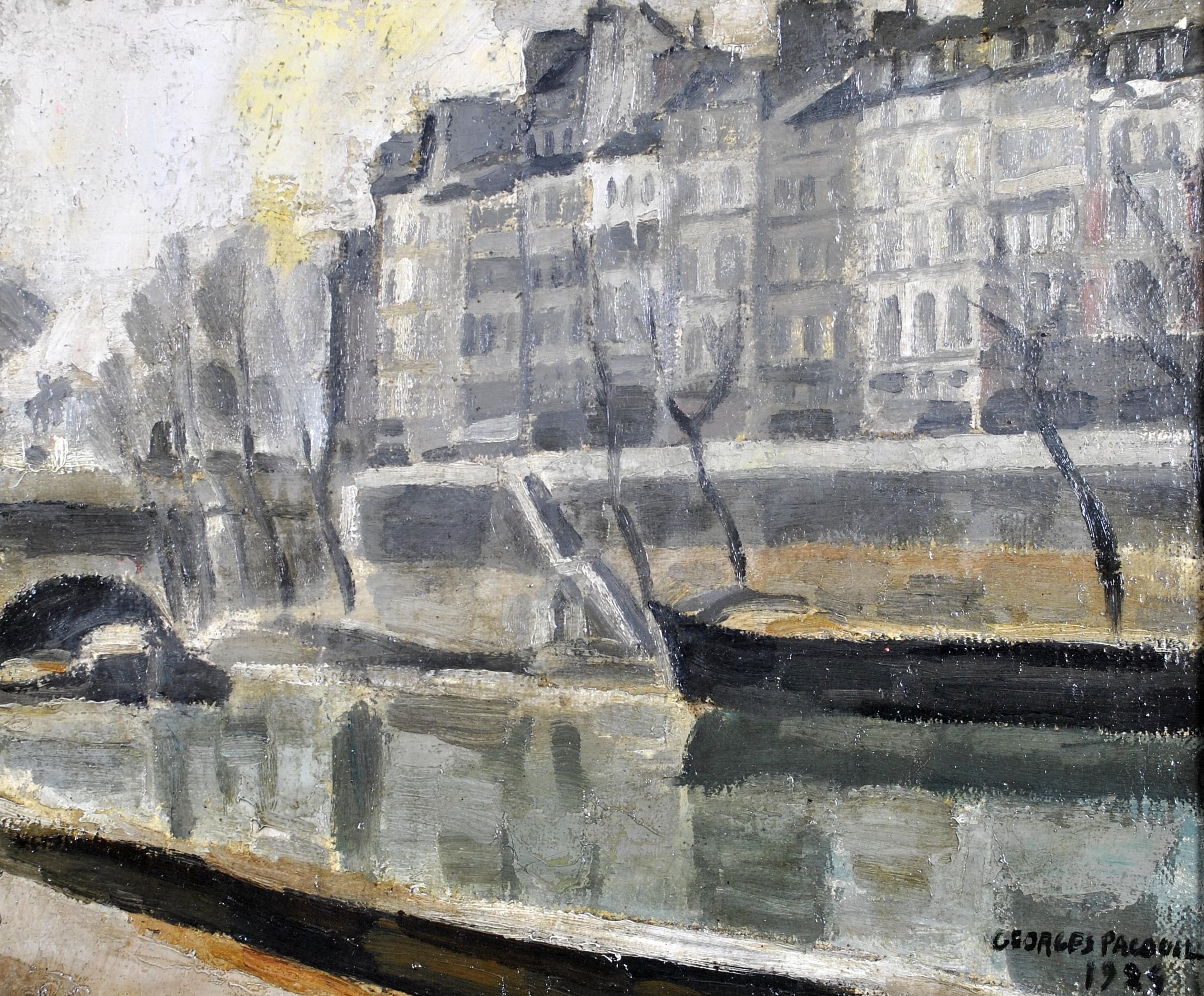 The Seine - Französische postimpressionistische Pariser Landschaft Öl auf Leinwand Gemälde – Painting von Georges Pacouil