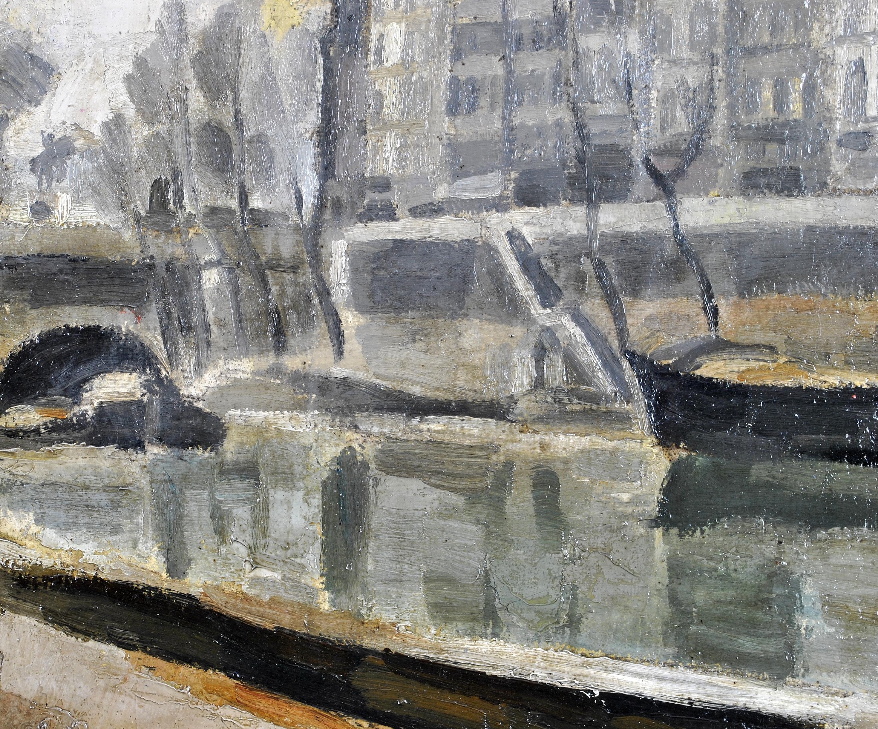 Ein wunderschönes postimpressionistisches Ölgemälde von Georges Pacouil aus dem Jahr 1925, das die Ufer der Seine in Paris darstellt. Hervorragende Qualität der frühen Arbeiten dieses interessanten französischen Künstlers. Unten rechts signiert