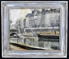 Antique The Seine - French Post Impressionist Paris Landscape Oil on Canvas Painting