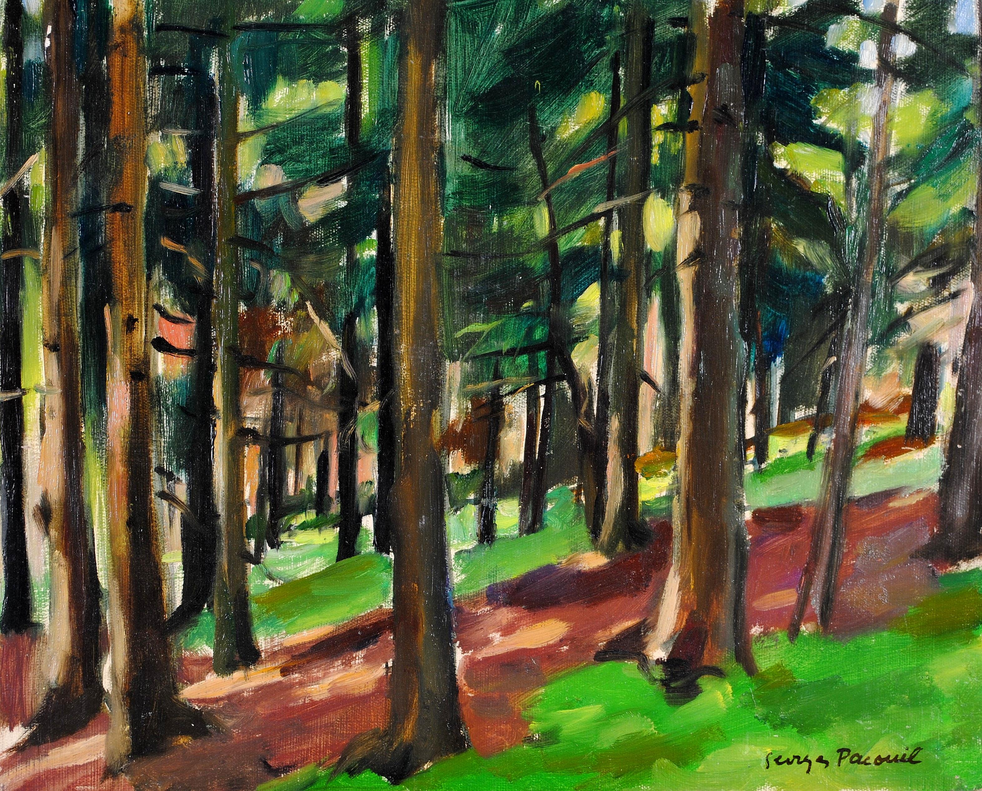 Paesaggio Wood - Pittura impressionista francese olio su tavola della metà del XX secolo - Painting di Georges Pacouil
