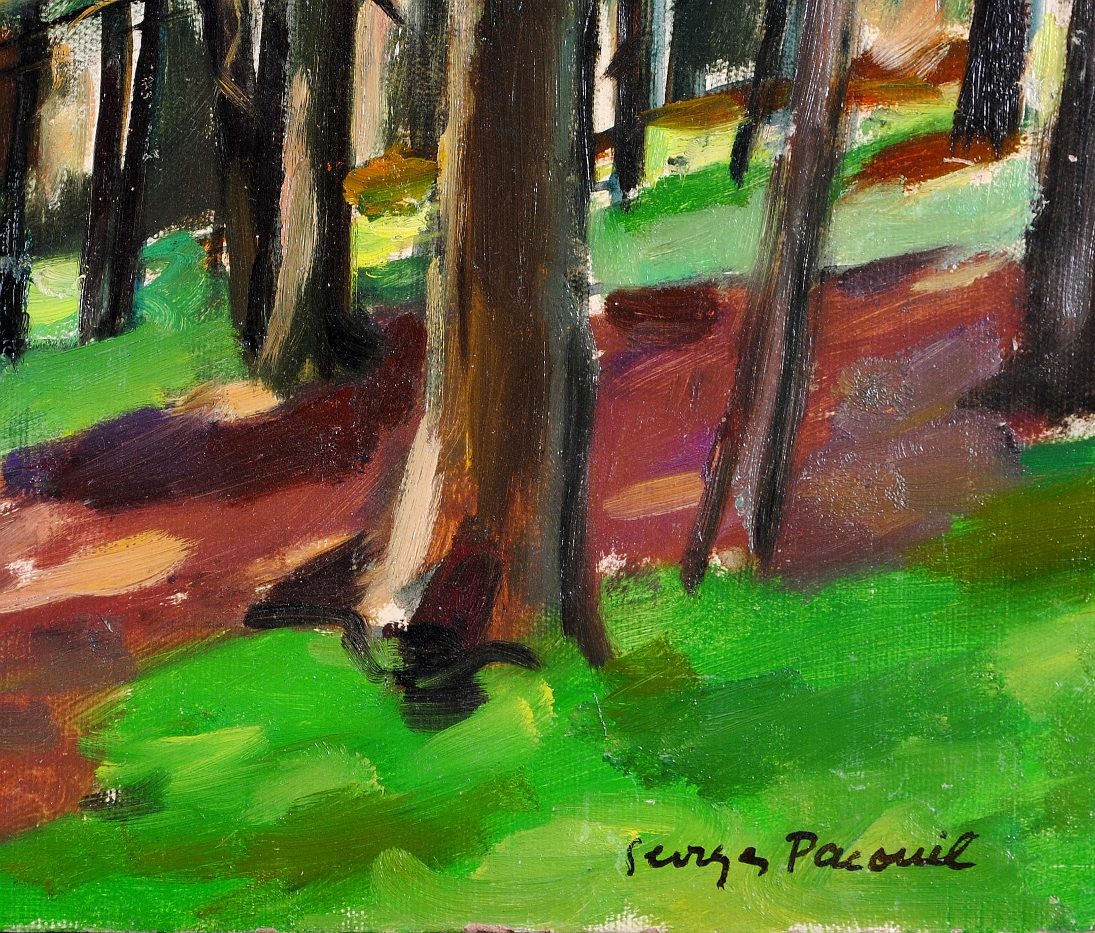 Paesaggio Wood - Pittura impressionista francese olio su tavola della metà del XX secolo in vendita 2