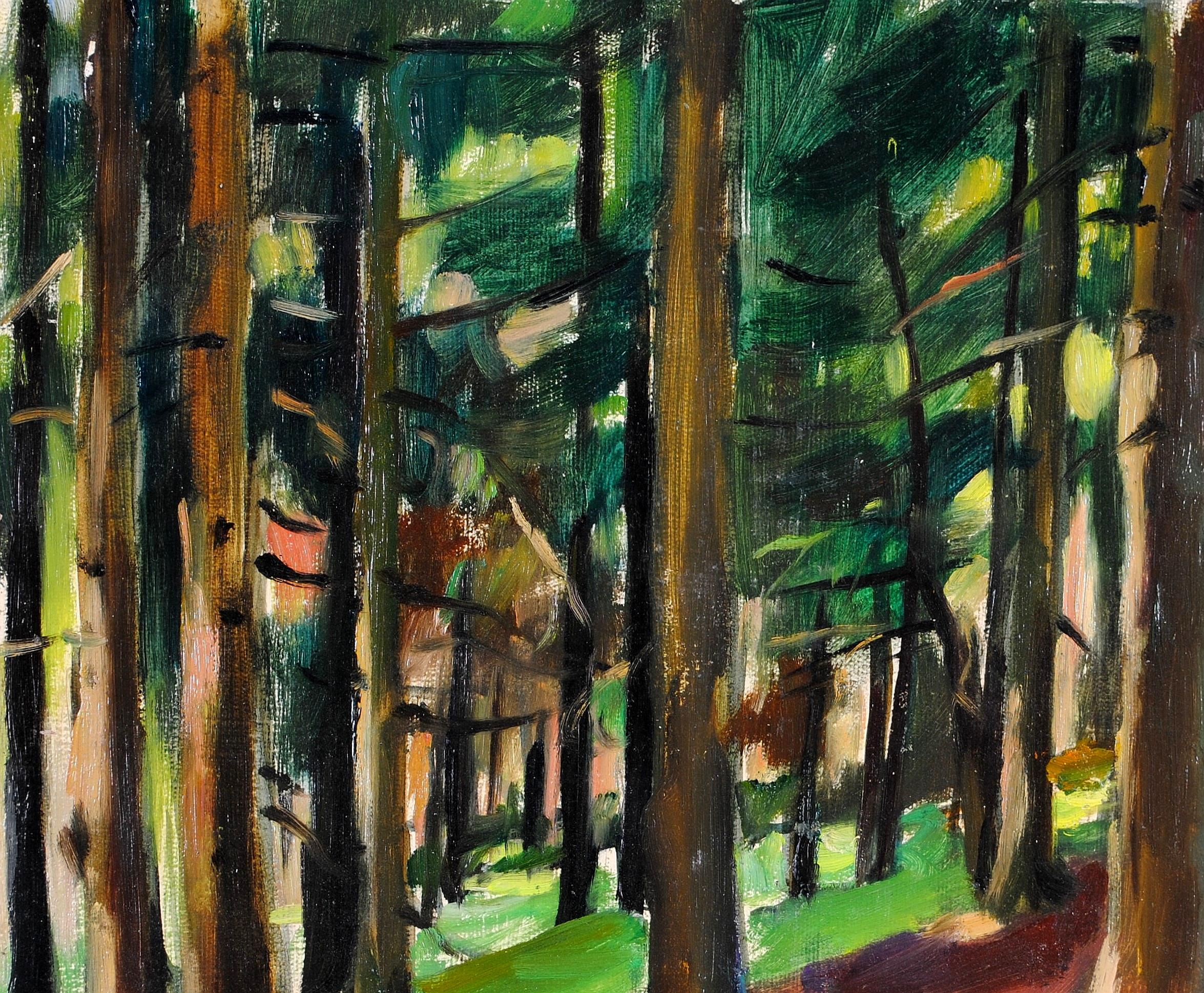 Paesaggio Wood - Pittura impressionista francese olio su tavola della metà del XX secolo in vendita 3