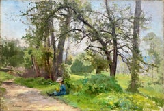 Femme lisant dans un paysage ensoleillé, peinture à l'huile de Barbizon