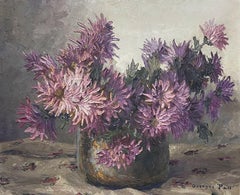 PEINTURE VINTAGE DE NATURE MORTE DE FLEURS - SIGNÉE ET ENCADRÉE - COULEUR VIOLET LILAS