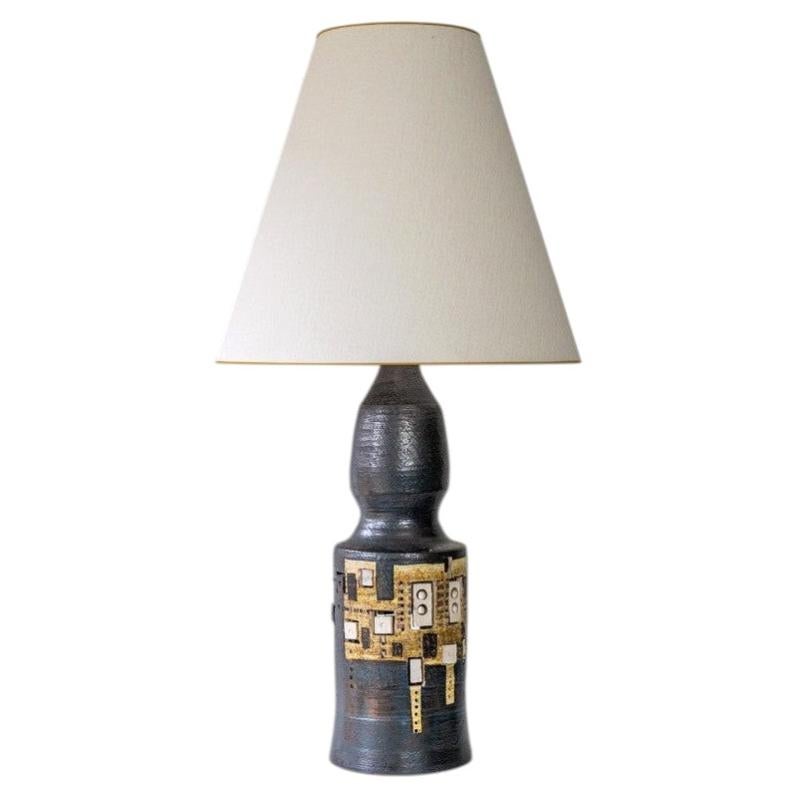 Georges Pelletier Baluster Dark Ceramic Lamp, Custom Silk Lampshade by R. Houben For Sale