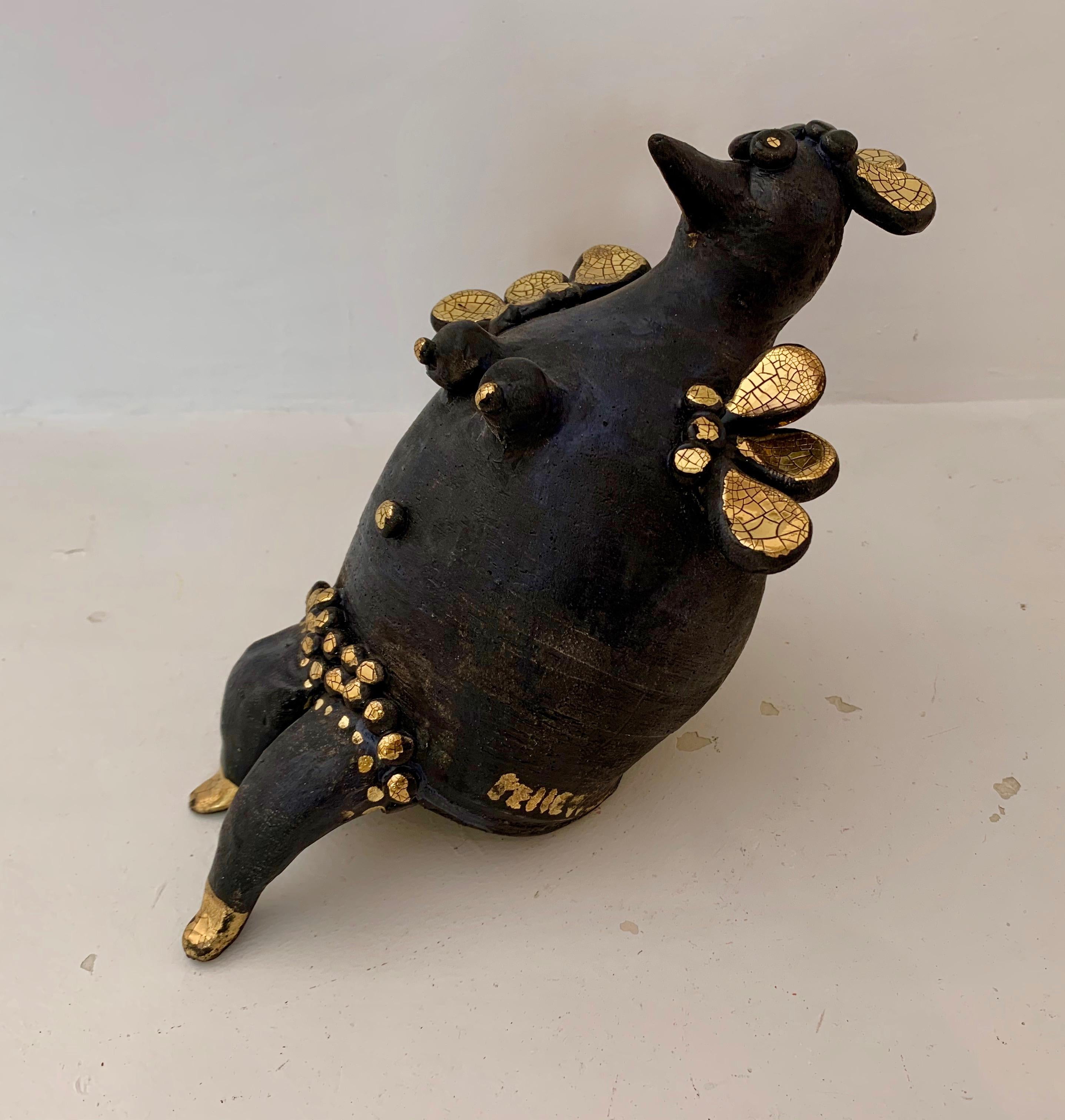 Sculpture de poule en céramique émaillée noire et or de Georges Pelletier, France, 2020 2