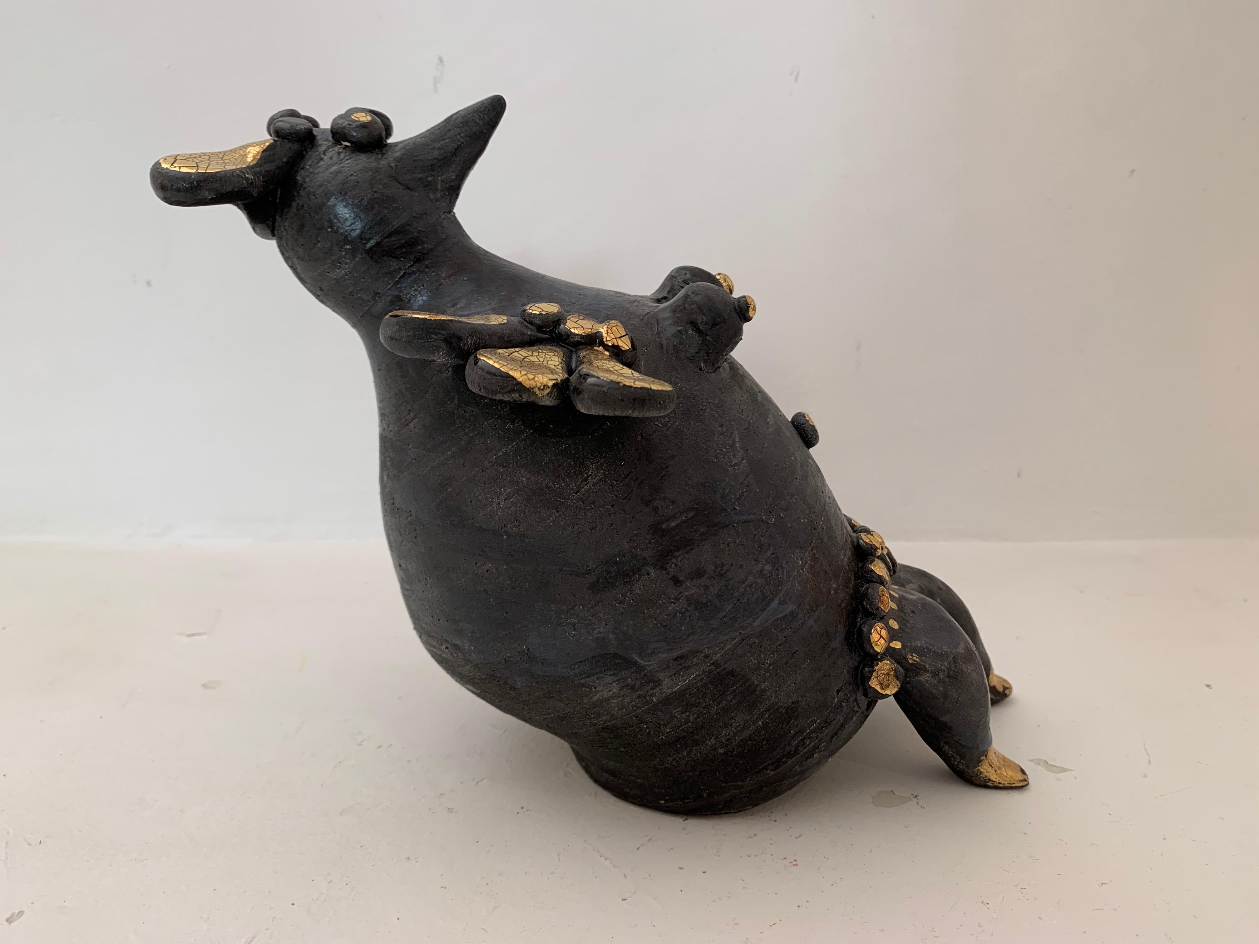 Sculpture de poule en céramique émaillée noire et or de Georges Pelletier, France, 2020 4