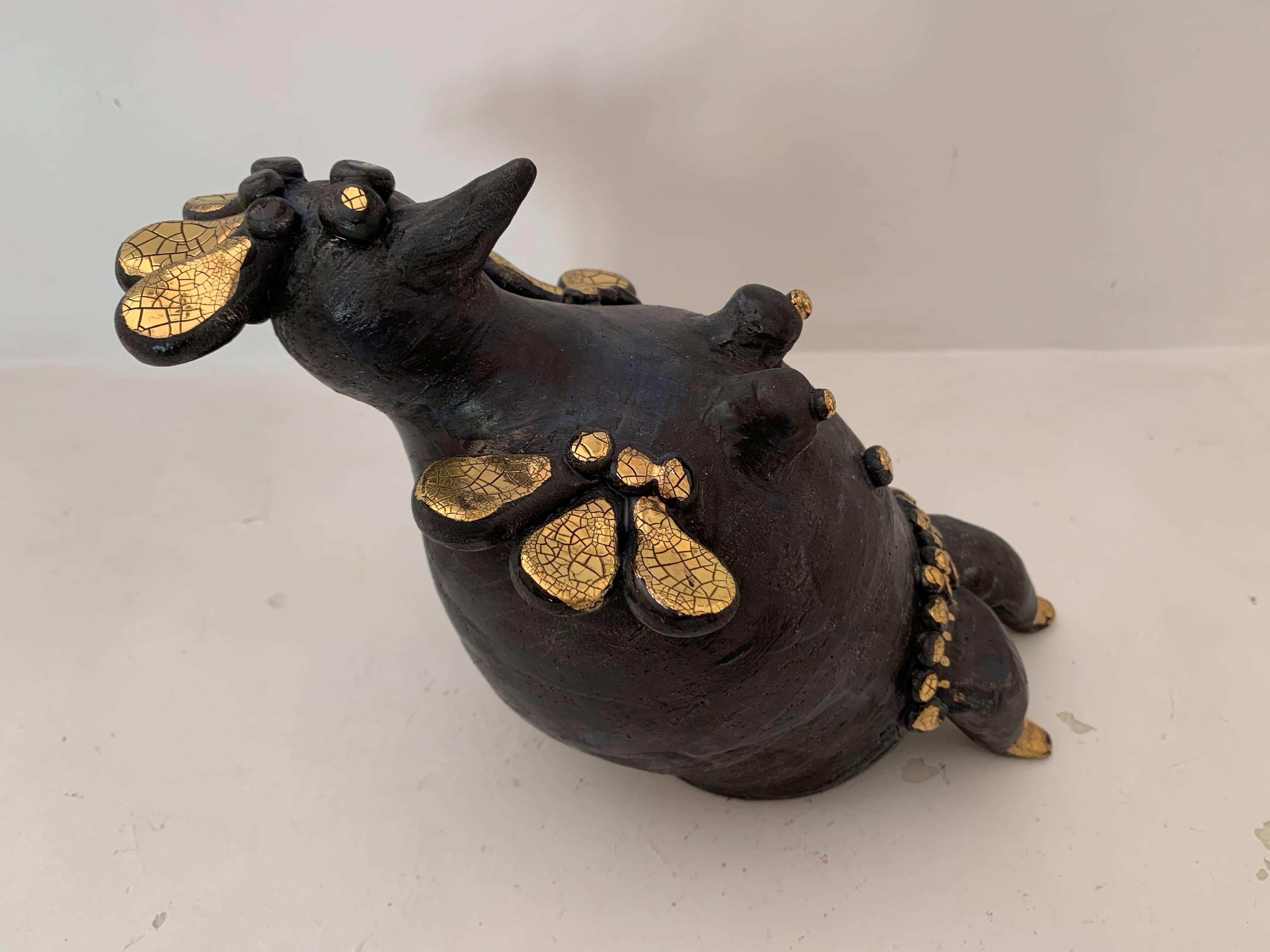 Sculpture de poule en céramique émaillée noire et or de Georges Pelletier, France, 2020 5