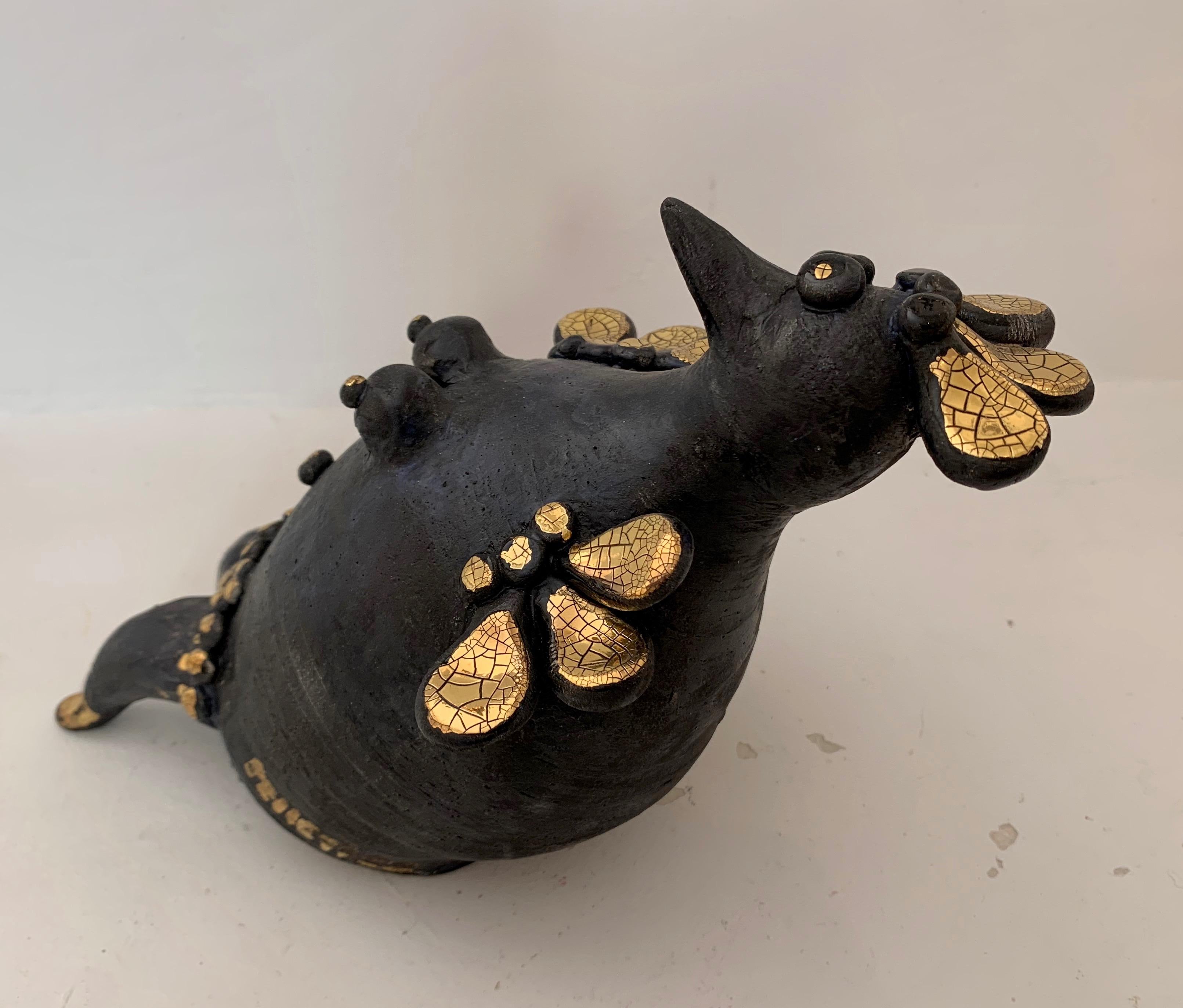 Sculpture de poule en céramique émaillée noire et or de Georges Pelletier, France, 2020 6