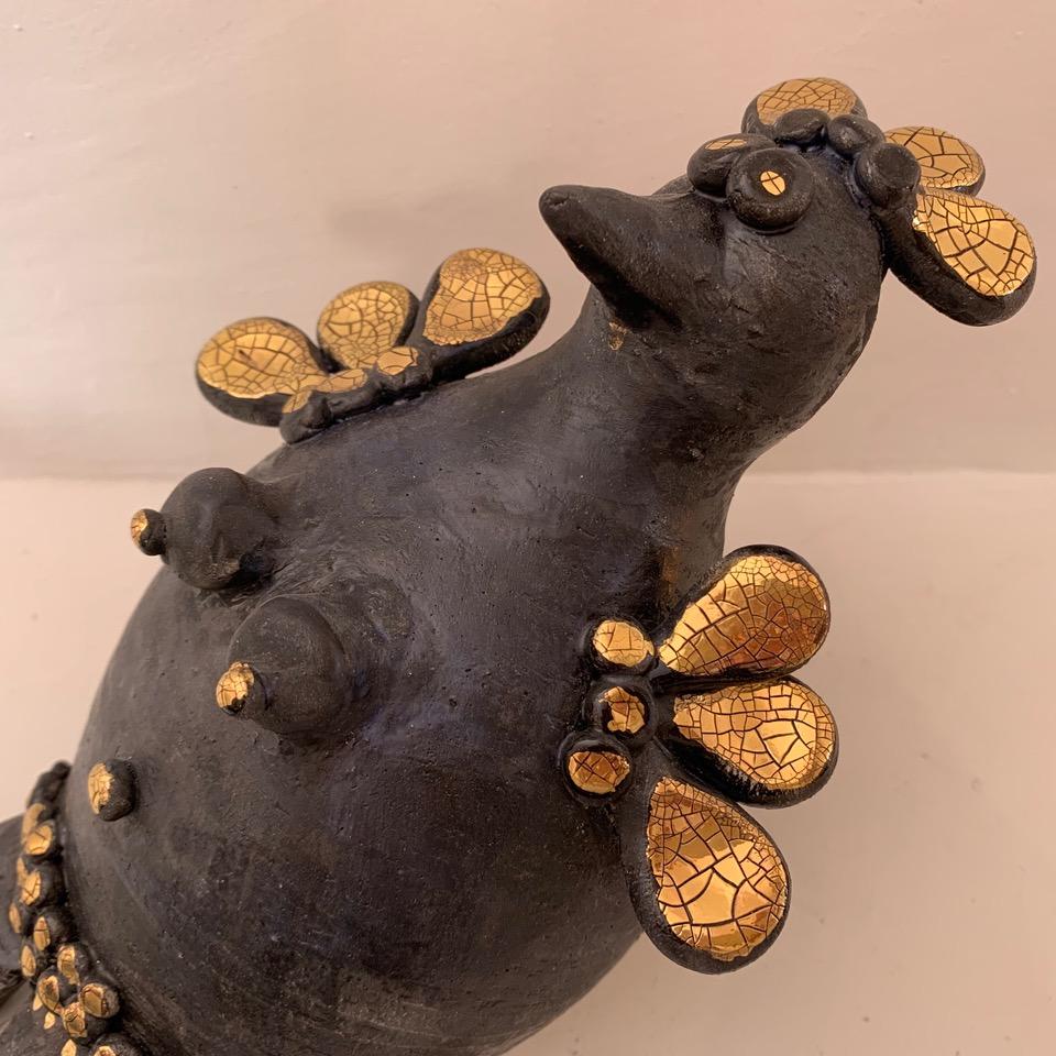 Sculpture de poule en céramique émaillée noire et or de Georges Pelletier, France, 2020 8