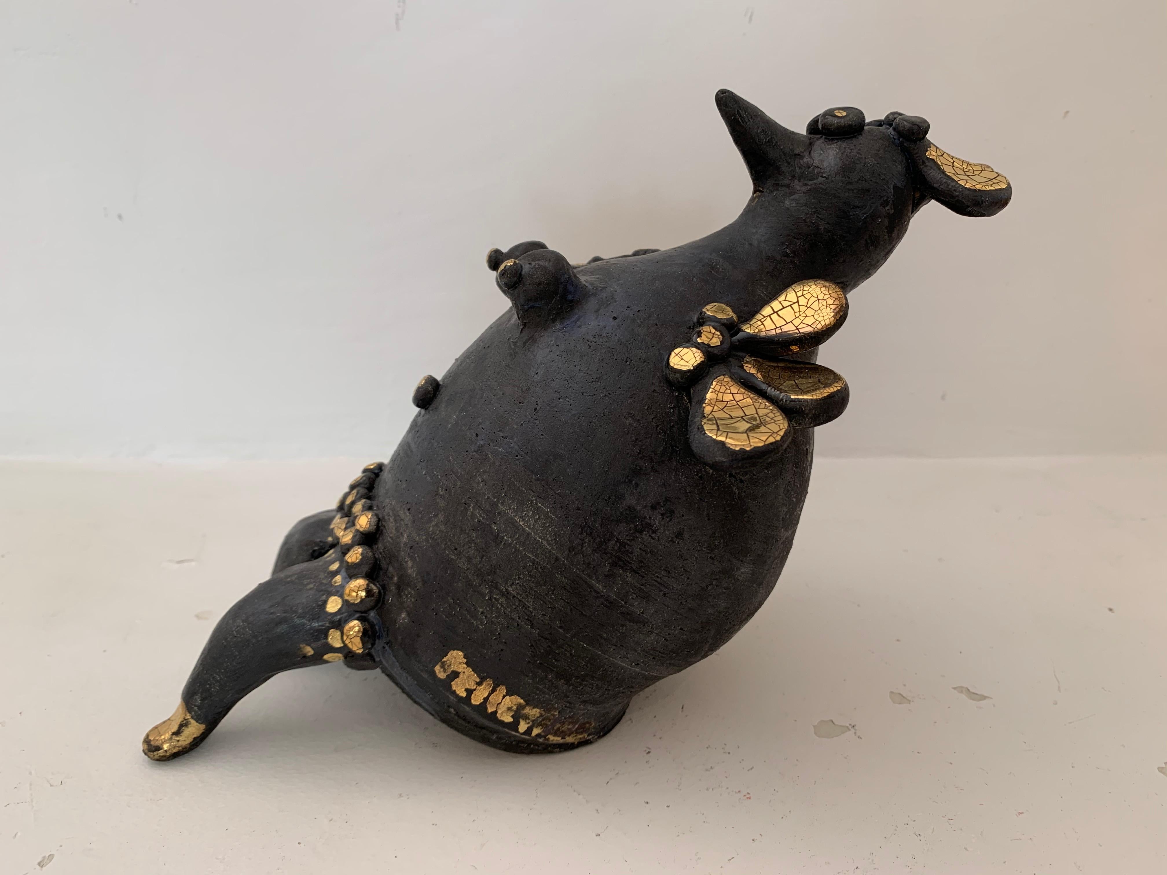XXIe siècle et contemporain Sculpture de poule en céramique émaillée noire et or de Georges Pelletier, France, 2020