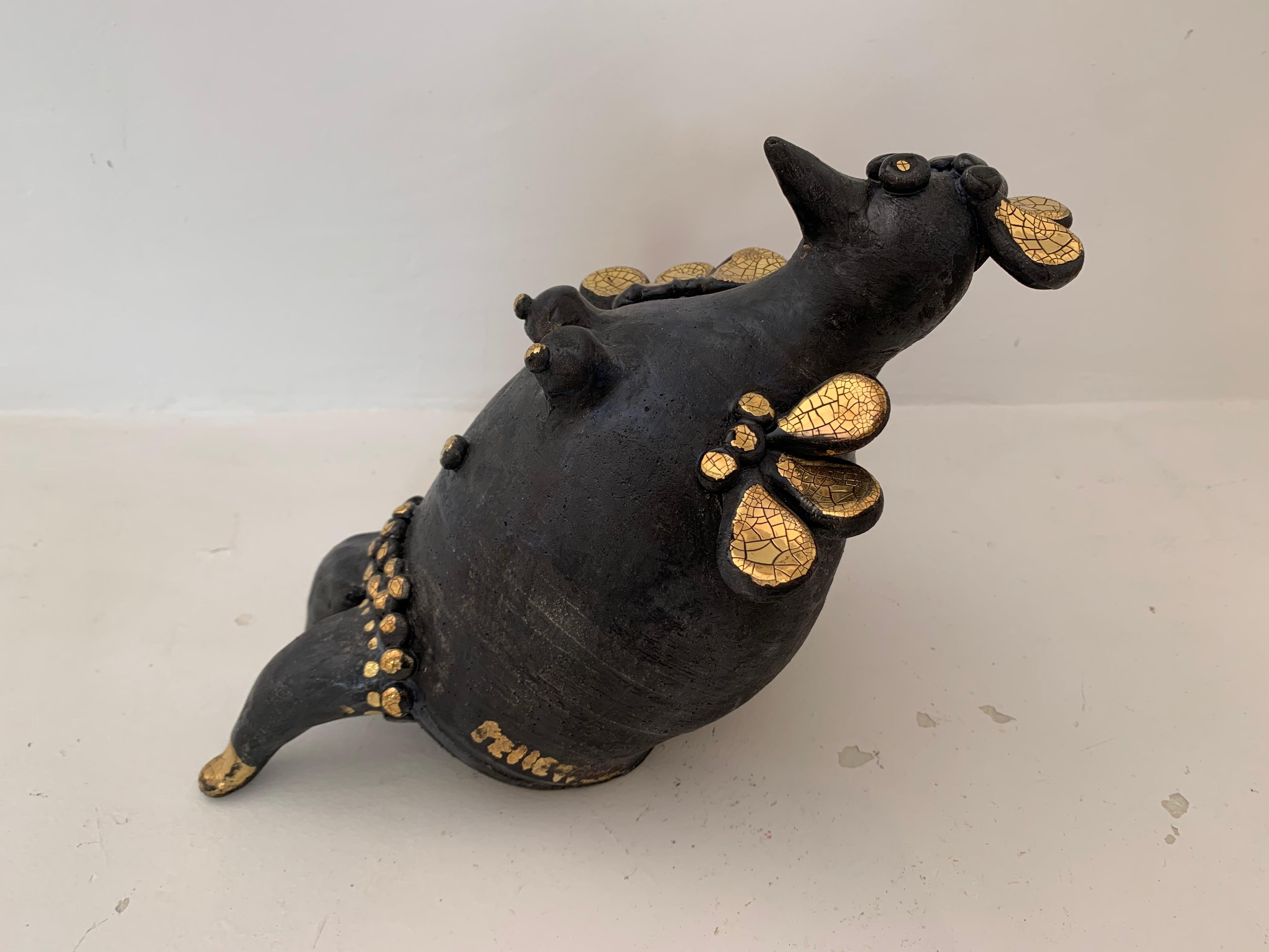 Céramique Sculpture de poule en céramique émaillée noire et or de Georges Pelletier, France, 2020