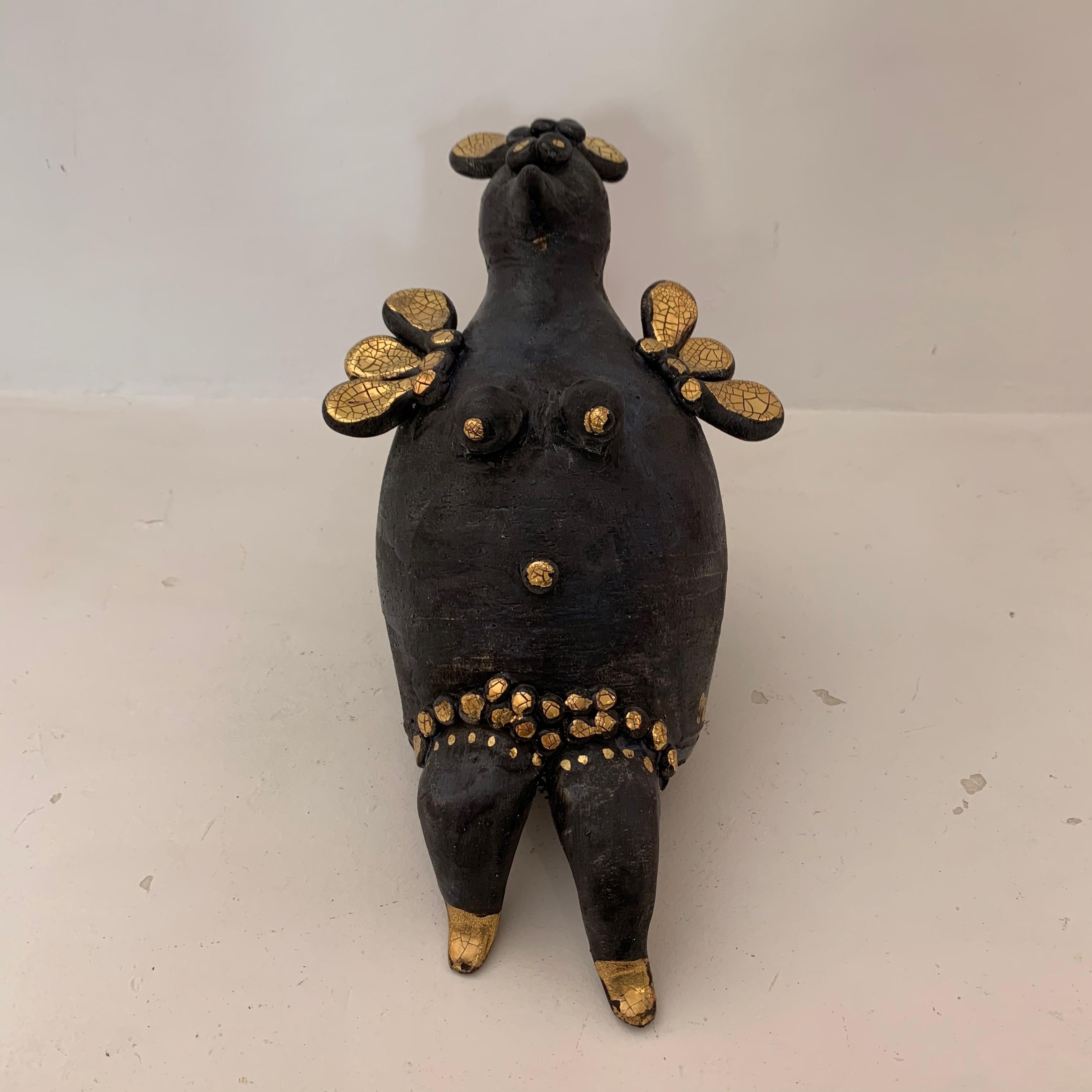 Sculpture de poule en céramique émaillée noire et or de Georges Pelletier, France, 2020 1