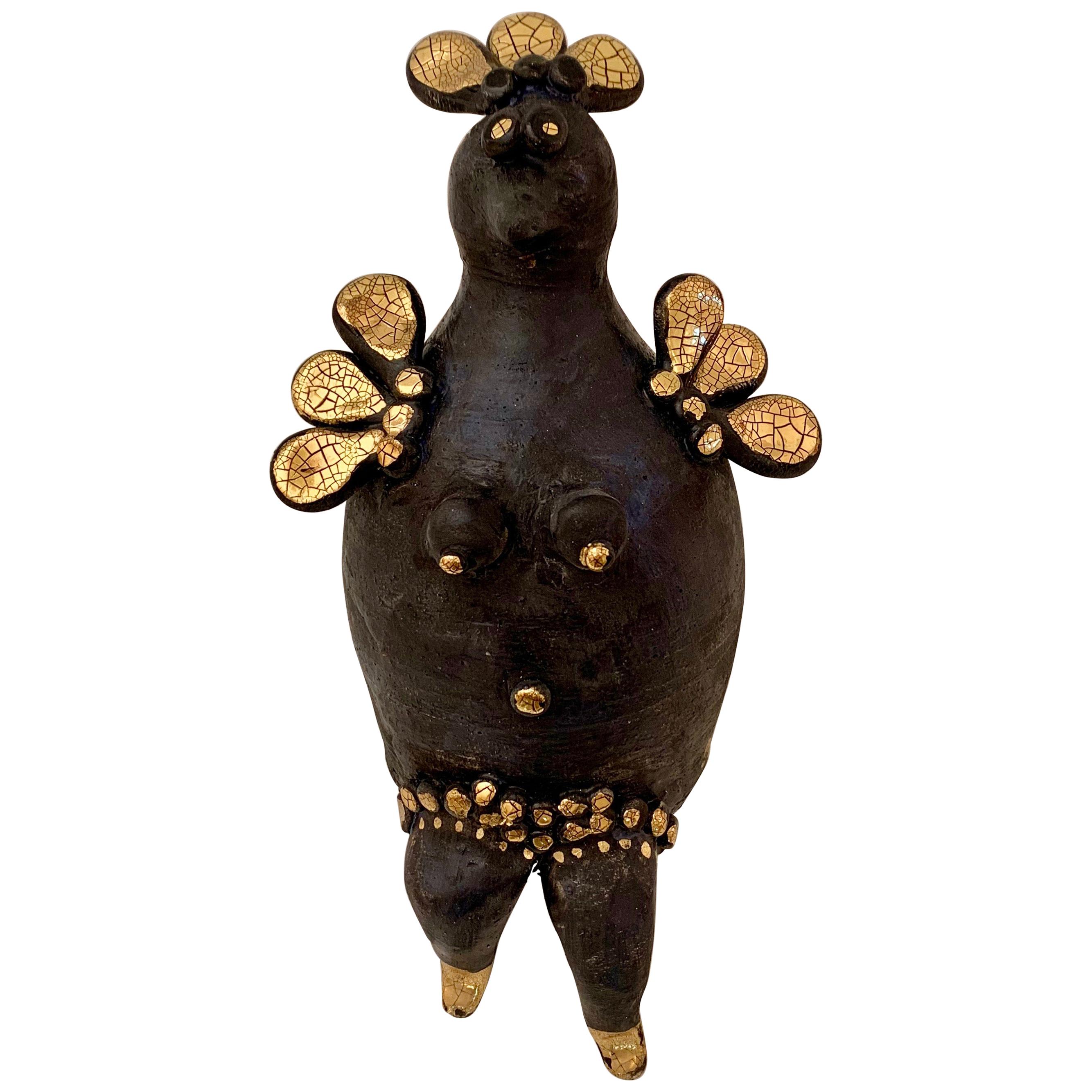 Georges Pelletier Black and Gold Enameled Ceramic Hen Sculpture, France, 2020