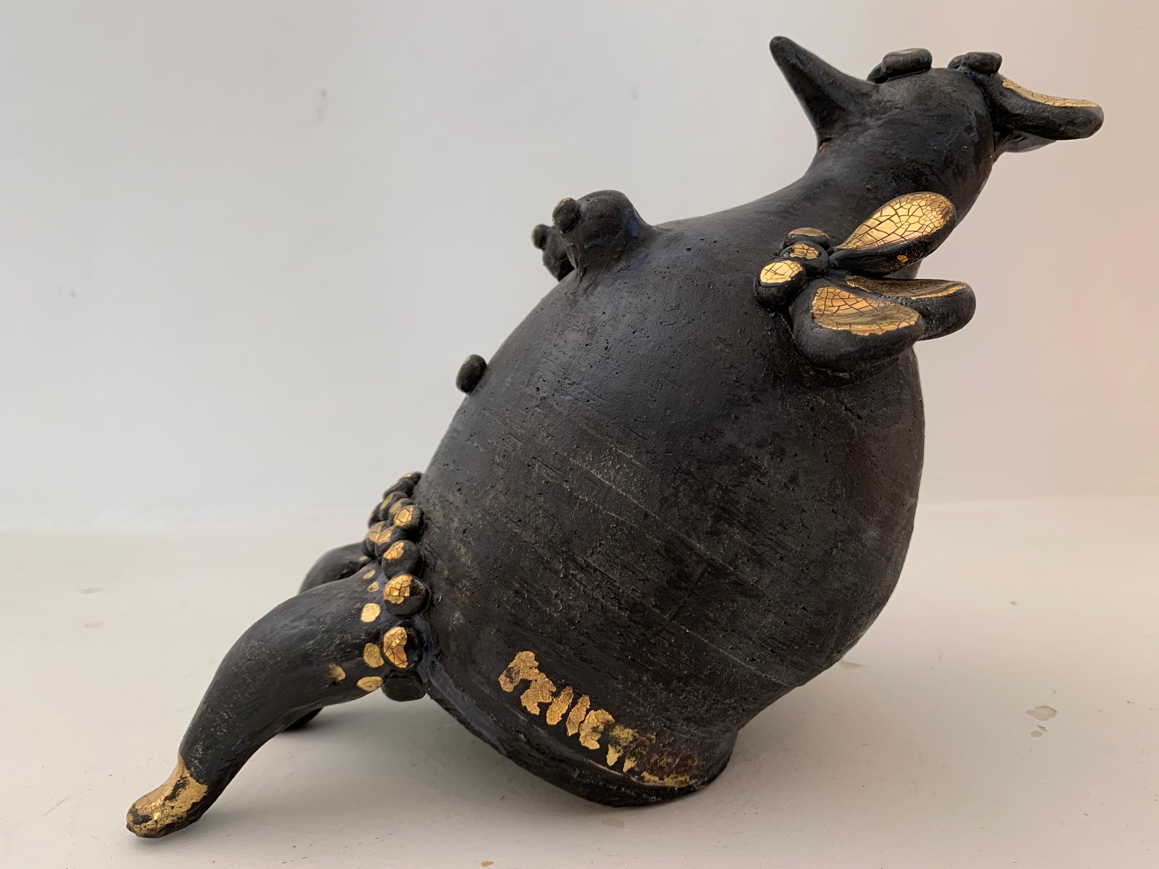 Other Georges Pelletier Black and Gold Enameled Ceramic Hen Sculpture, France, 2020