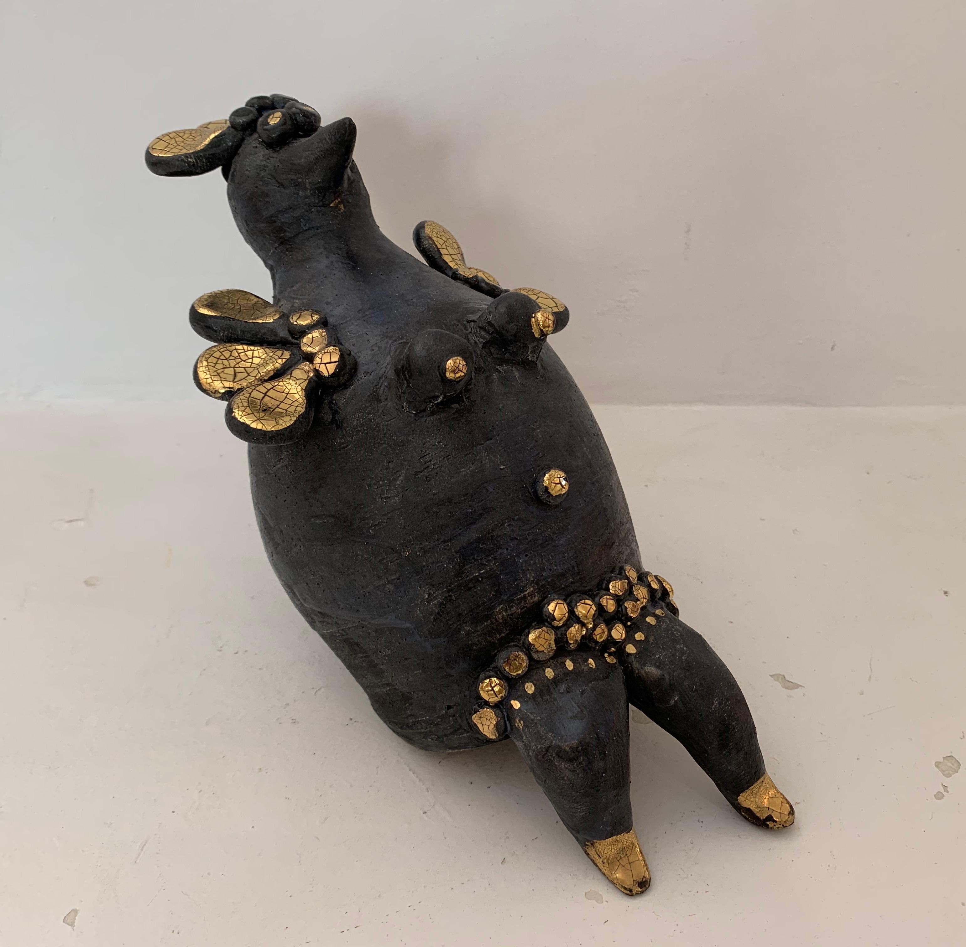 French Georges Pelletier Black and Gold Enameled Ceramic Hen Sculpture, France, 2020