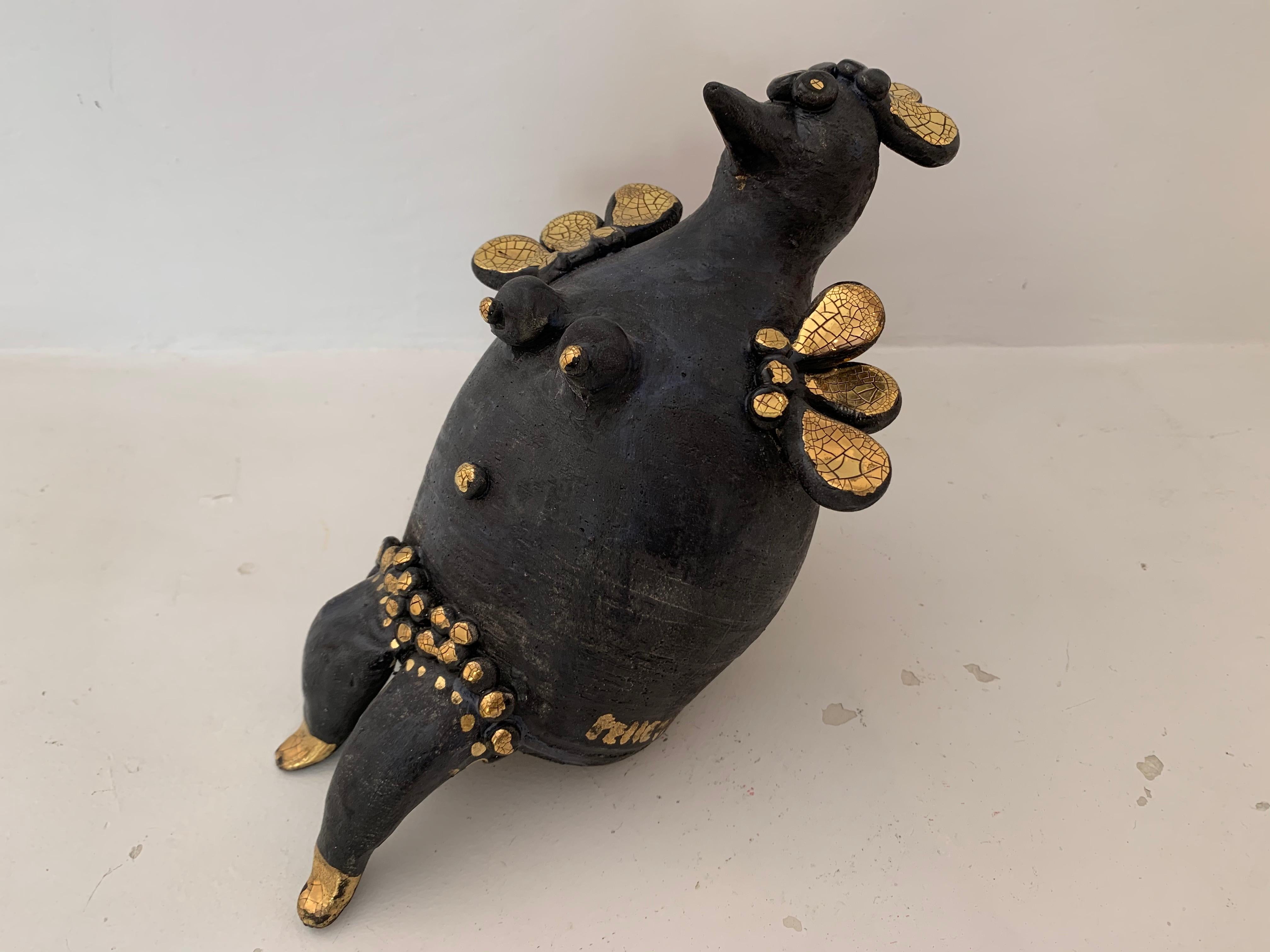 Contemporary Georges Pelletier Black and Gold Enameled Ceramic Hen Sculpture, France, 2020