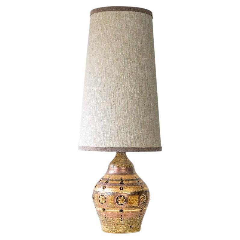 Georges Pelletier Bulbous Brown Ceramic Lamp, Custom Silk Shade by R. Houben