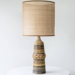 Georges Pelletier Ceramic Lamp, Custom Double Silk Rattan Lampshade by R. Houben