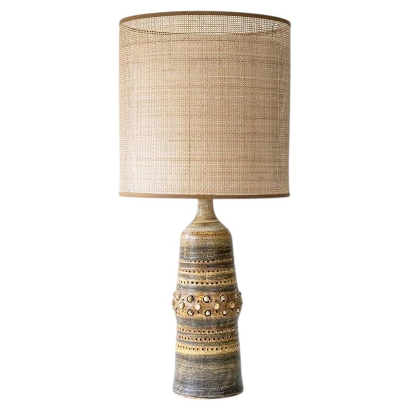 Georges Pelletier Ceramic Lamp, Custom Double Silk Rattan Lampshade by R. Houben