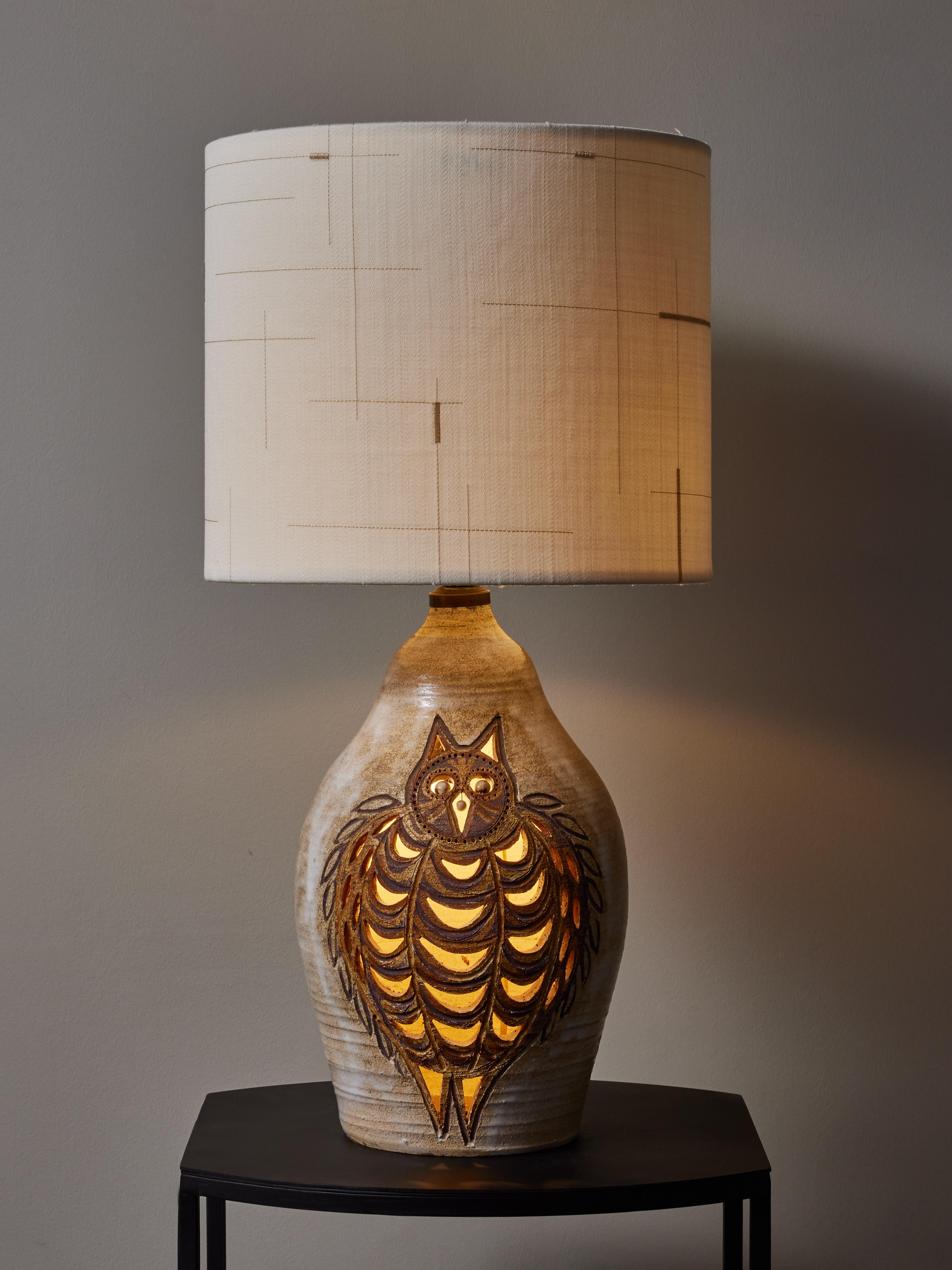 Mid-Century Modern Georges Pelletier Ceramic Table Lamp With Owl Decor