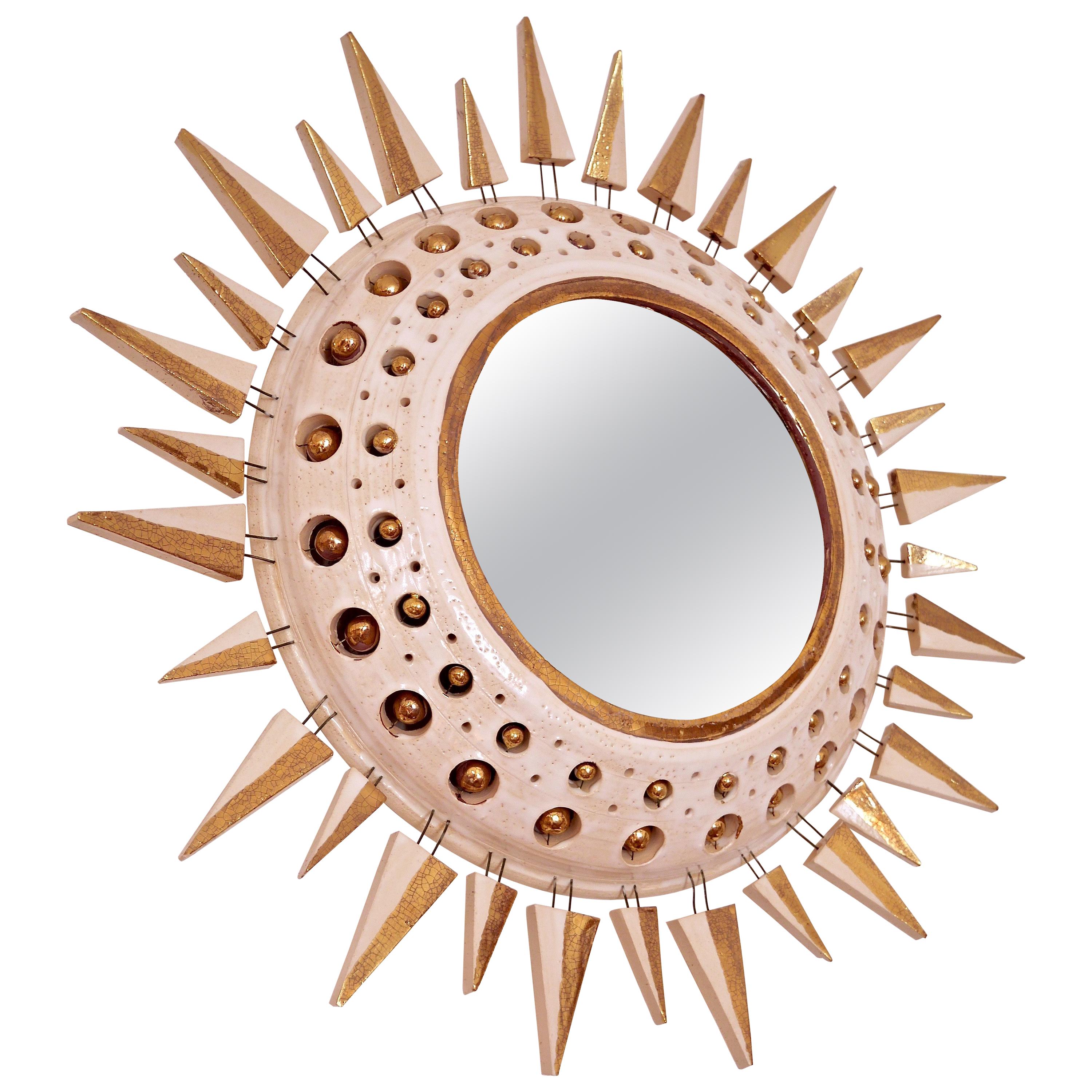 Georges Pelletier Mirror in White and Gold Enameled Ceramic For Sale