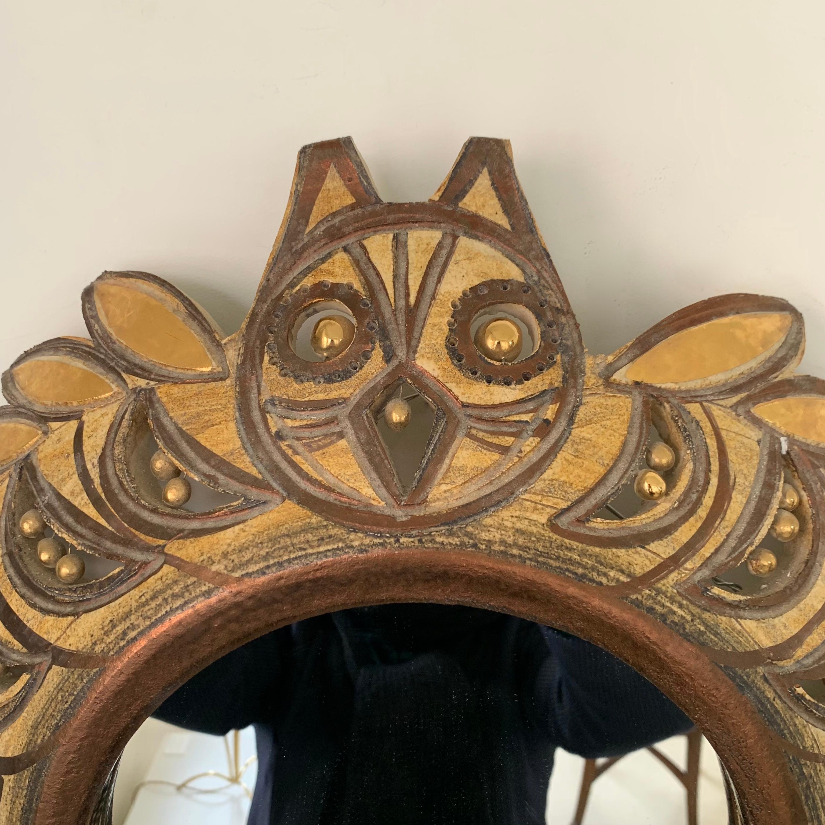 Georges Pelletier Rare Ceramic Owl Mirror, circa 1975, France. For Sale 6