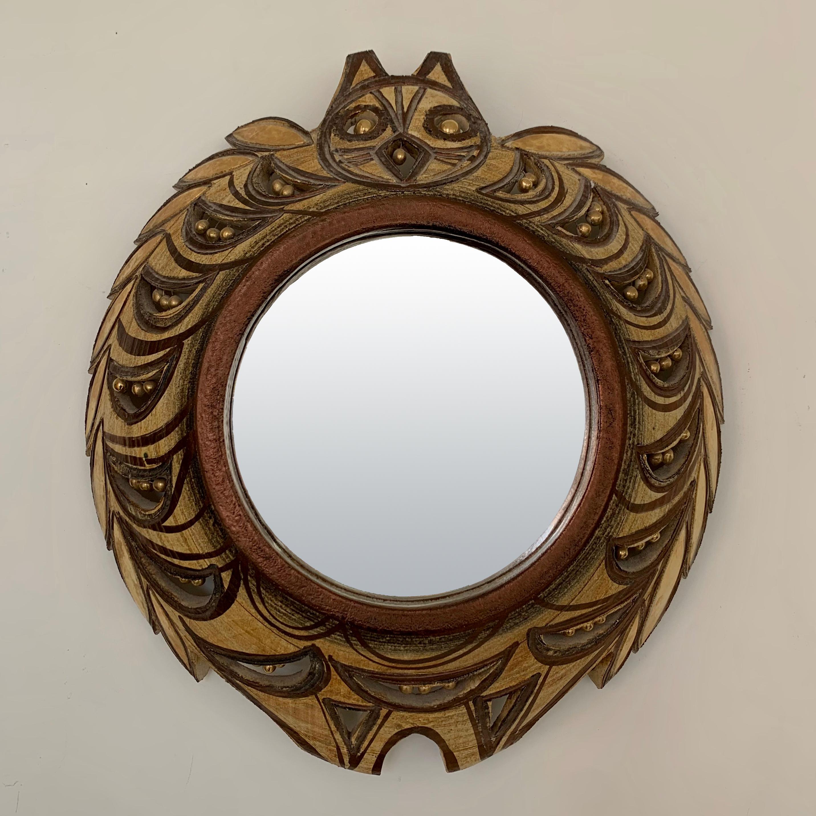 Mid-Century Modern Georges Pelletier Rare Ceramic Owl Mirror, circa 1975, France. For Sale