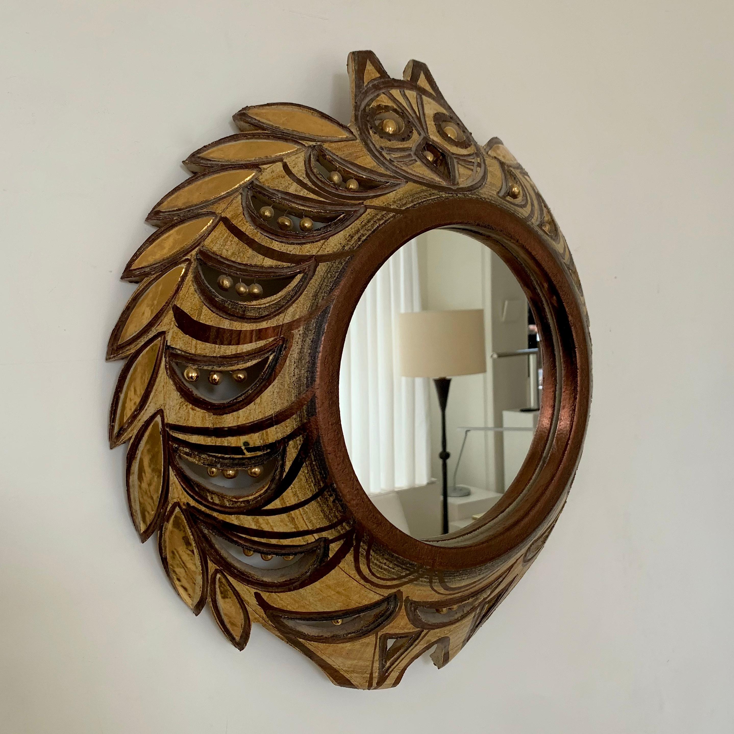 French Georges Pelletier Rare Ceramic Owl Mirror, circa 1975, France. For Sale