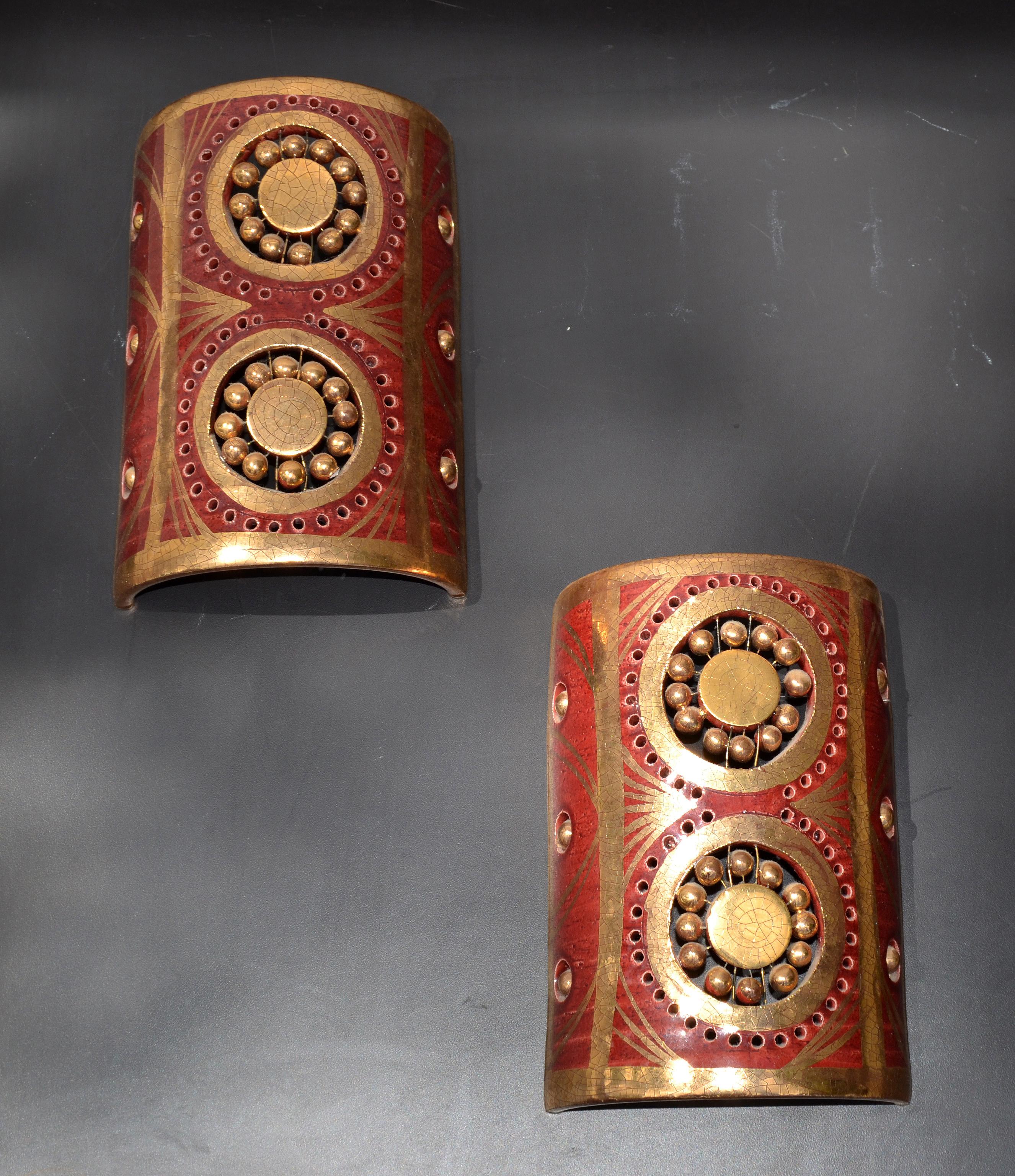 French Georges Pelletier Sconces Gold & Bordeaux Ceramic Wall Sconce France Two For Sale